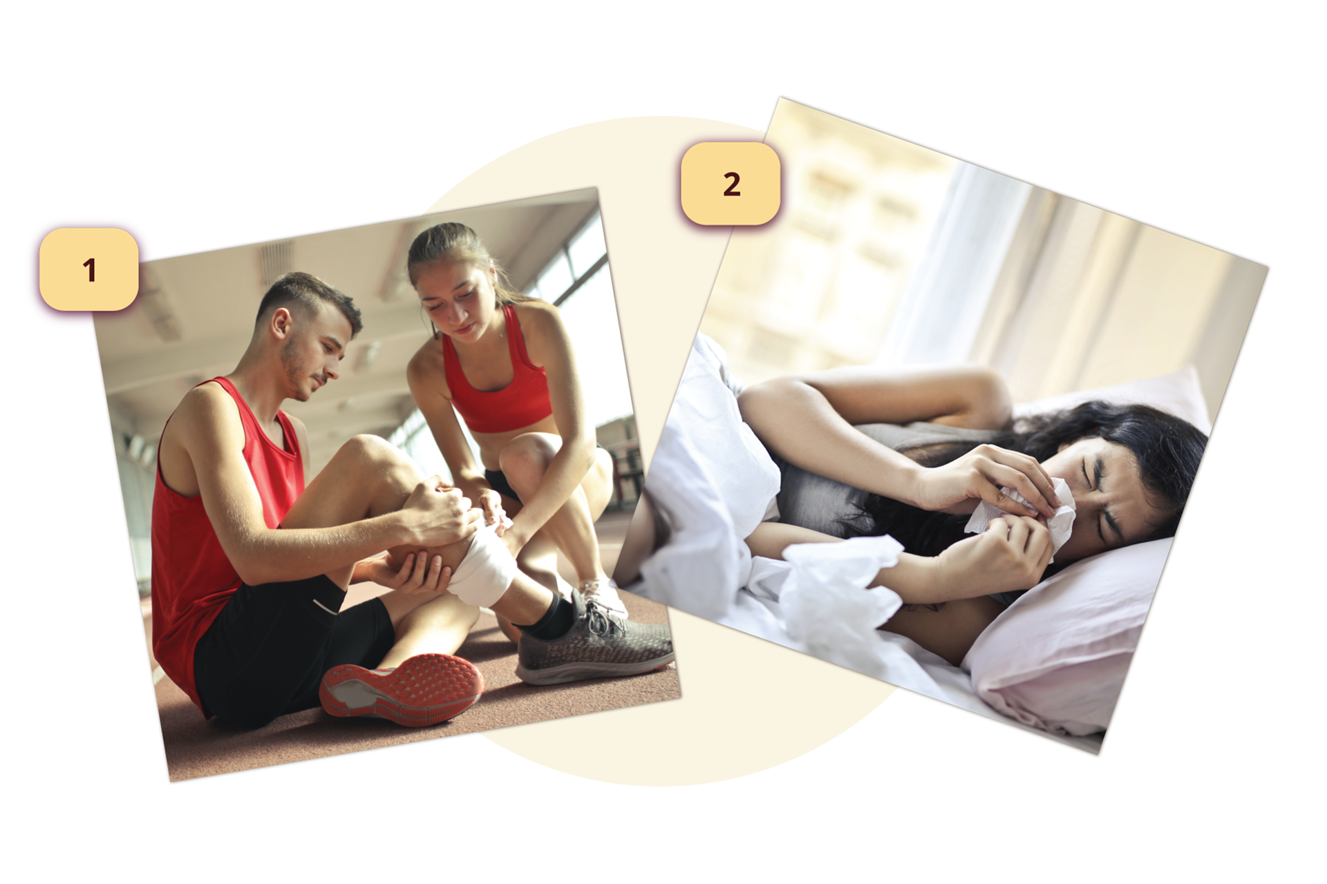 Pierwsza zdjęcie przedstawia kobietę i mężczyznę w strojach sportowych. Kobieta bandażuje łydkę mężczyzny.  Drugie zdjęcie przedstawia kobietę leżącą w łóżku i wydmuchującą nos.