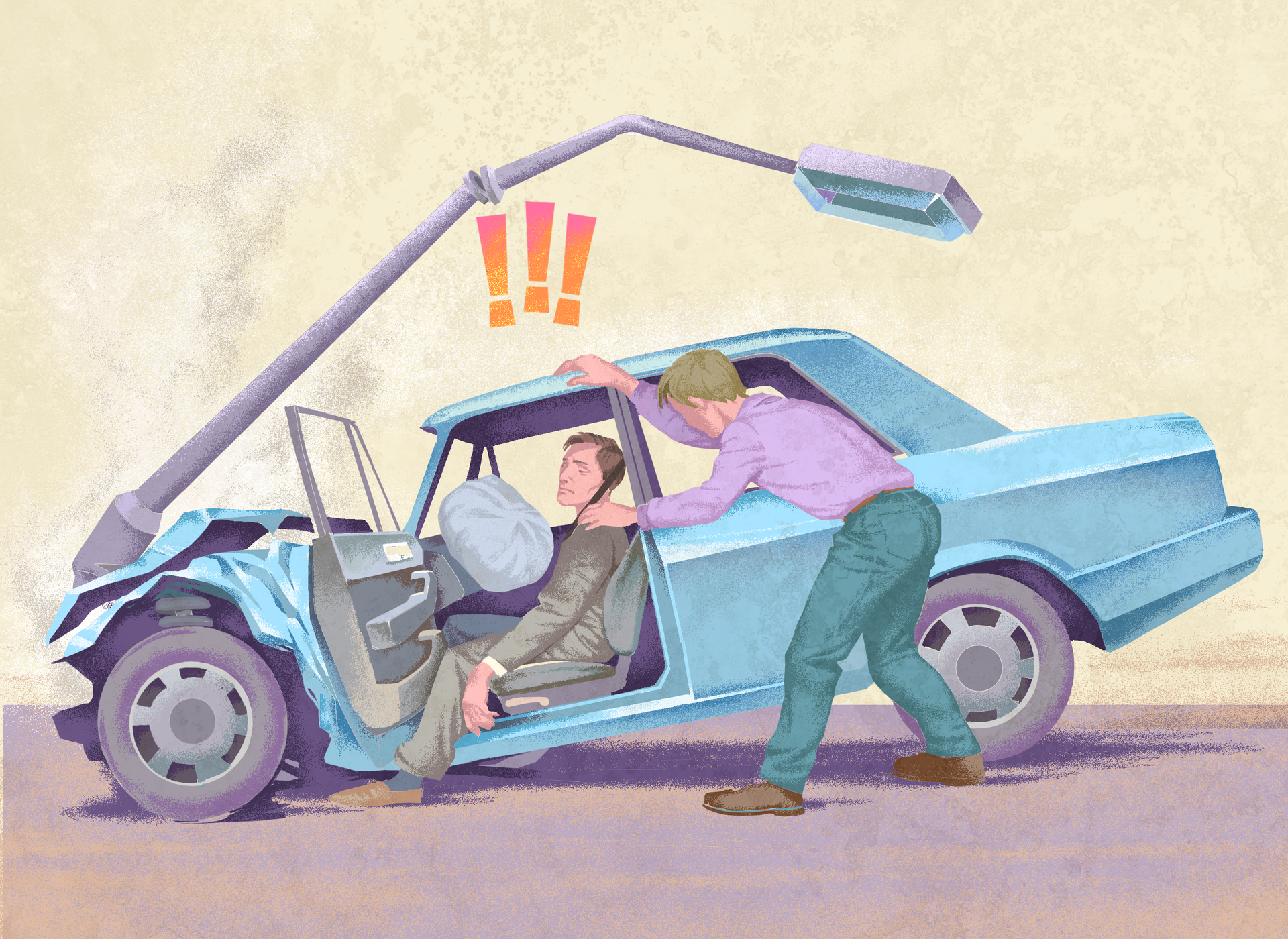 Ilustracja przedstawia czołowe zderzenie samochodu z latarnią uliczną. Latarnia po lewej stronie ilustracji. Przód samochodu wbity w podstawę latarni. W samochodzie nieprzytomny kierowca. Poduszka powietrzna otwarta nad kierownicą. Drzwi kierowcy otwarte. Drugi mężczyzna stoi przy samochodzie i próbuje pomóc kierowcy. Nad samochodem zgięta uszkodzona latarnia. Pomiędzy latarnią i samochodem trzy pomarańczowe wykrzykniki.