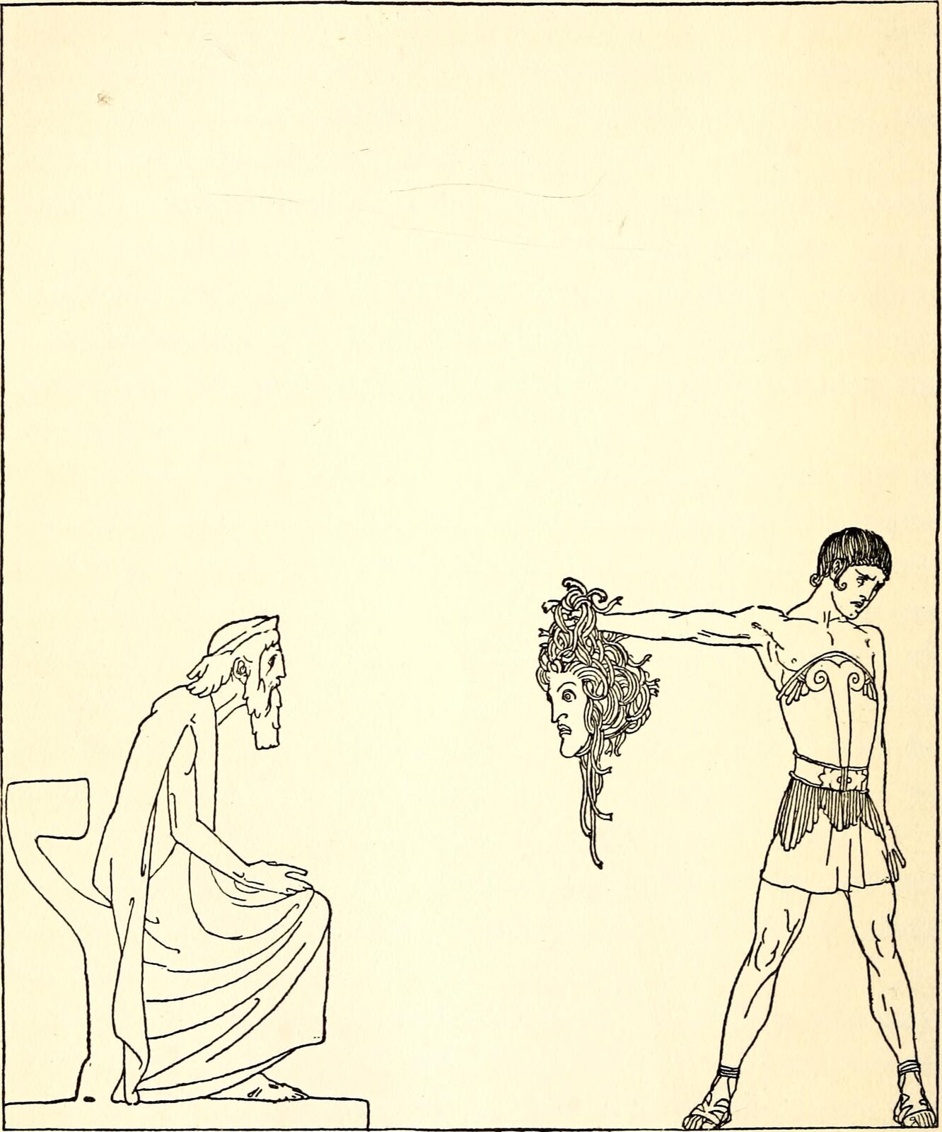 Ilustracja przedstawia pracę Willego Pogany pod tytułem „Perseusz i Polidektes”. Ilustracja jest czarno-biała i przedstawia wręczenie głowy Meduzy przez Perseusza dla Polidektesa, który siedzi na tronie. Perseusz z obrzydzeniem odwraca głowę. Perseusz ubrany jest w zbroję, zaś Polidektes to starszy mężczyzna ubrany w szaty.