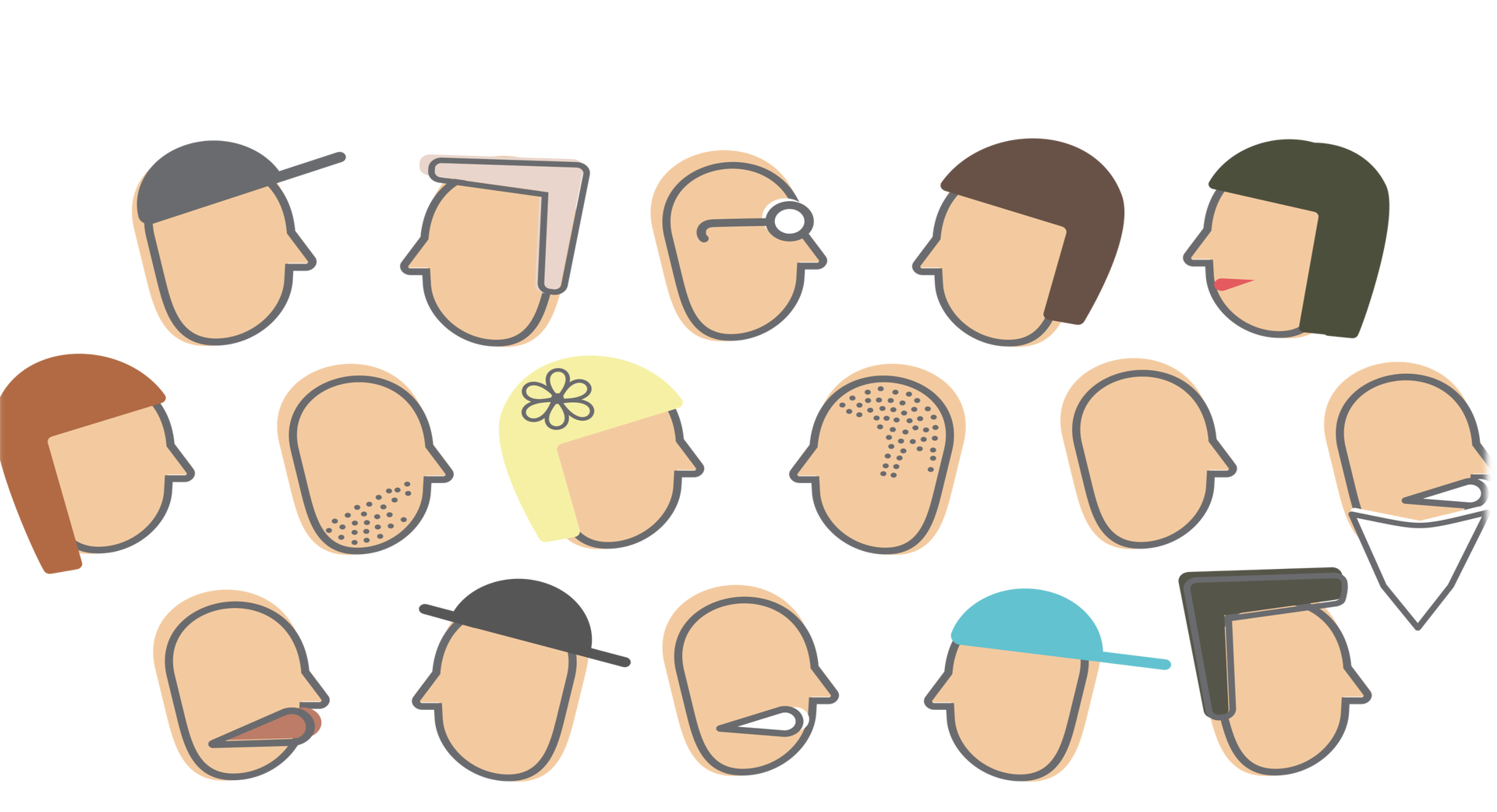 Ilustracja przedstawia głowy szesnastu osób. Głowy są przedstawione z prawego lub lewego profilu. Ułożone są one w trzy rzędy. W pierwszym i trzecim rzędzie znajduje się pięć głów. W środkowym rzędzie jest ich sześć. W pierwszym rzędzie pierwsza osoba nosi czarną czapkę, druga osoba posiada modną fryzurę, trzecia jest łysa i nosi okulary, czwarta posiada długie brązowe włosy, natomiast piąta posiada długie czarne włosy oraz ma pomalowane usta na kolor czerwony. W drugim rzędzie pierwsza osoba posiada długie rude włosy, druga posiada zarost, trzecia ma długie blond włosy z wpiętym kwiatkiem, czwarta osoba posiada krótkie ciemne włosy, piąta jest łysa, a szósta ma białą brodę oraz białe wąsy. W trzecim rzędzie pierwsza osoba ma brązowe wąsy, druga posiada czarny kapelusz, trzecia białe wąsy, czwarta niebieską czapkę, a ostatnia modną czarną fryzurę.