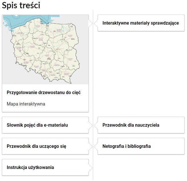 Grafika przedstawia zrzut ekranu zawierający spis treści tej lekcji. Pierwszy materiał to mapa interaktywna o tytule Przygotowanie drzewostanu do cięć. Zdjęcie na kafelku przedstawia mapę Polski. Widoczne są także plansze po lewej stronie: słownik pojęć dla e‑materiału, przewodnik dla uczącego się, instrukcja użytkowania. Po prawej stronie widoczne są plansze: przewodnik dla nauczyciela oraz netografia i bibliografia.