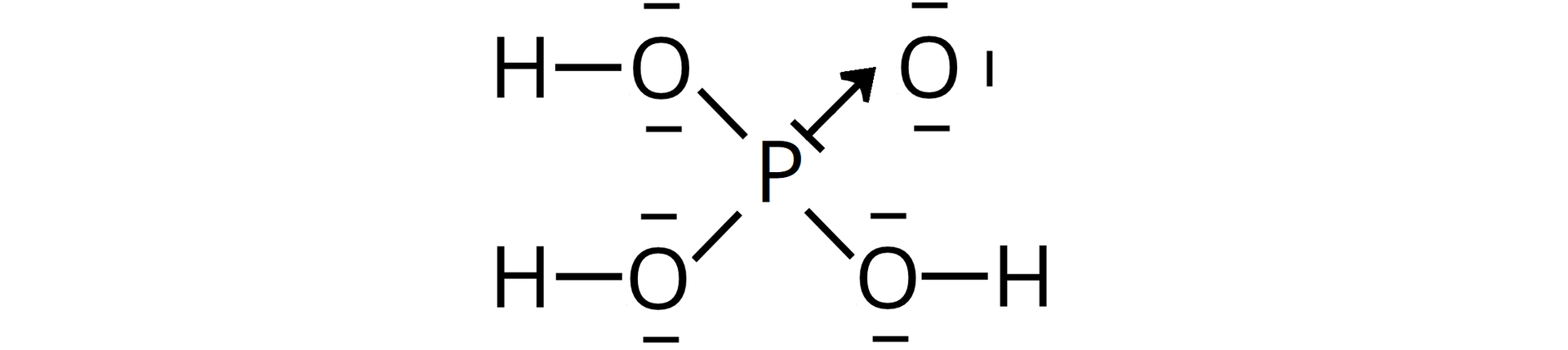 Ilustracja przedstawiająca wzór elektronowy kreskowy cząsteczki kwasu fosforowego(<math aria‑label="pięć">V). Każdą wolną parę elektronową, jak i każde wiązanie symbolizuje kreska. Strukturę tworzy atom fosforu P posiadający wolną parę elektronową, od której poprowadzona jest strzałka do atomu tlenu posiadającego trzy wolne pary elektronowe. Strzałka reprezentuje wiązanie koordynacyjne. Oprócz tego, atom fosforu łączy się za pomocą wiązań pojedynczych z trzema atomami tlenu posiadającymi po dwie wolne pary elektronowe i związanymi każdy z jednym atomem wodoru.