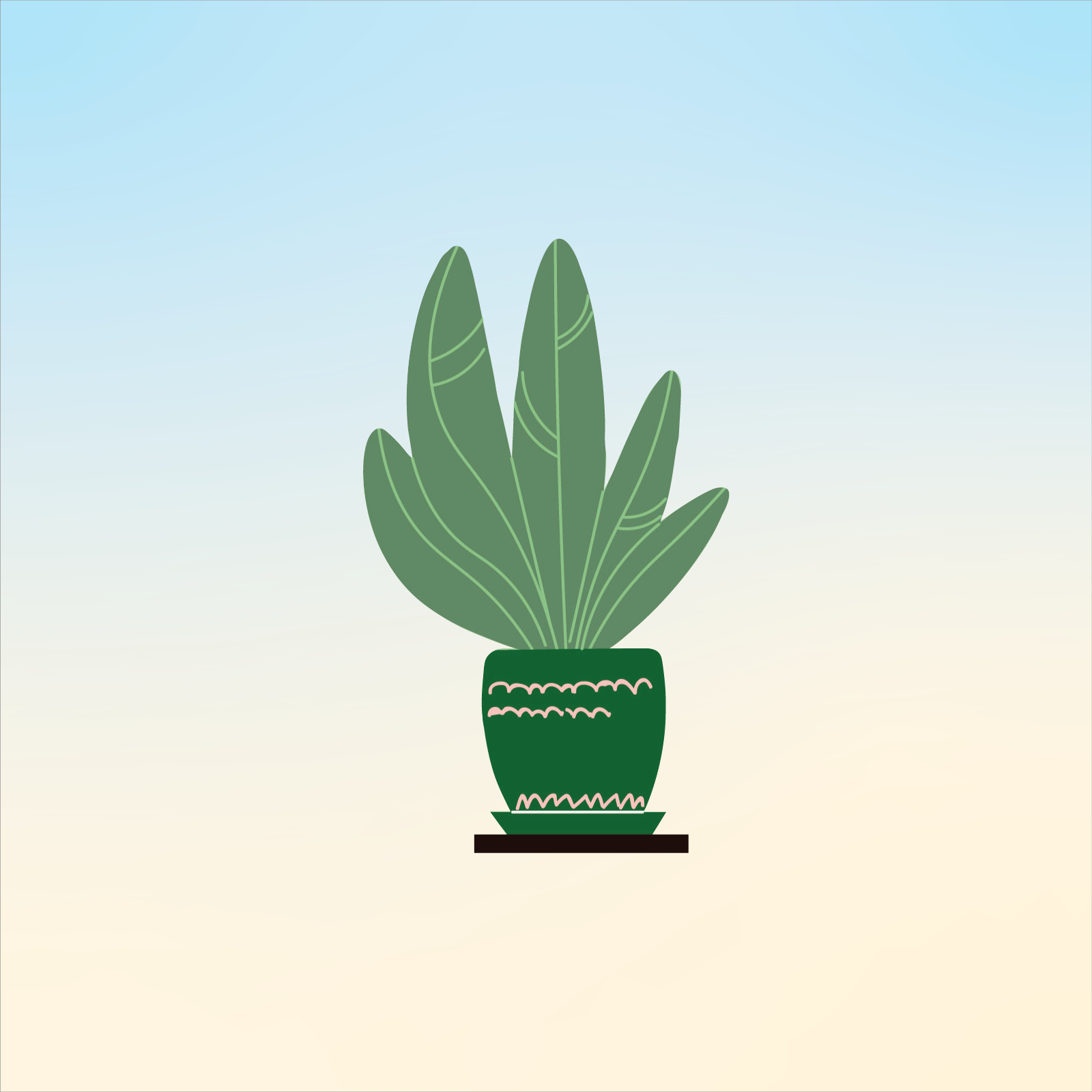 Ilustracja przedstawia zielony, liściasty kwiat w ciemnozielonej doniczce na czarnej półce.