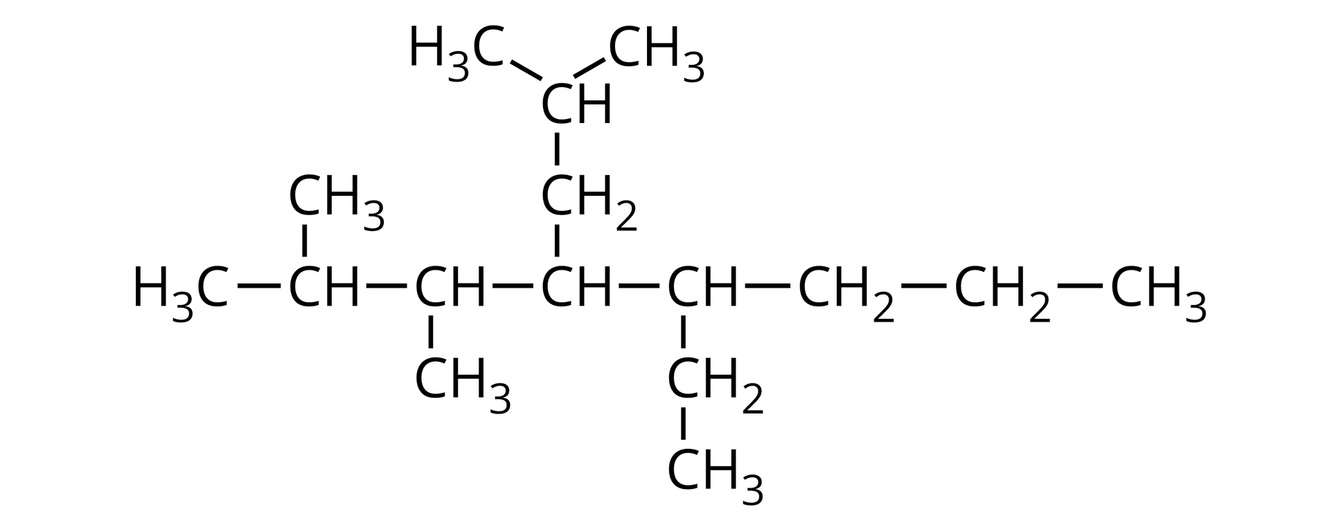 Wzór: opis od prawej strony - grupa metylowa - grupa metylenowa - grupa metylenowa. Ostatnia z nich łączy się z grupą CH. Grupa CH łączy się na dole z grupą metylenową, która jest połączona z grupą metylową. Grupa CH łączy się po lewej stronie z grupą CH. Ta łączy się u góry z grupą metylenową, która łączy się w górę z grupą CH. Ta łączy się z dwiema grupami metylowymi. Grupa CH z łańcucha głównego łączy się po lewej stronie z grupą CH, która na dole łączy się z grupą metylową, a po lewej stronie z grupą CH połączoną na górze i z lewej strony z grupą metylową.