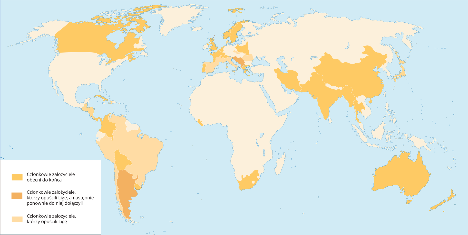 Ilustracja przedstawia mapę świata. Kolorem pomarańczowym zaznaczono członków założycieli Ligi Narodów obecnych do końca, są to następujące kraje: Australia, Belgia, Boliwia, Chiny, Grecja, Holandia, Indie Brytyjskie, Iran, Kanada, Kolumbia, Kuba, Liberia, Norwegia, Nowa Zelandia, Panama, Polska, Portugalia, Szwajcaria, Szwecja, Syjam, Urugwaj, Wielka Brytania, Związek Południowej Afryki. Kolorem ciemnopomarańczowym zaznaczono członków założycieli, którzy opuścili Ligę, a następnie ponownie do niej dołączyli, są to następujące kraje: Królestwo Serbów, Chorwatów i Słoweńców, Argentyna. Kolorem jasnopomarańczowym zaznaczono członków założycieli, którzy opuścili Ligę, są to następujące kraje: Brazylia, Chile, Czechosłowacja, Dania, Francja, Gwatemala, Haiti, Hiszpania, Honduras, Japonia, Nikaragua, Paragwaj, Peru, Rumunia, Salwador, Wenezuela, Włochy.