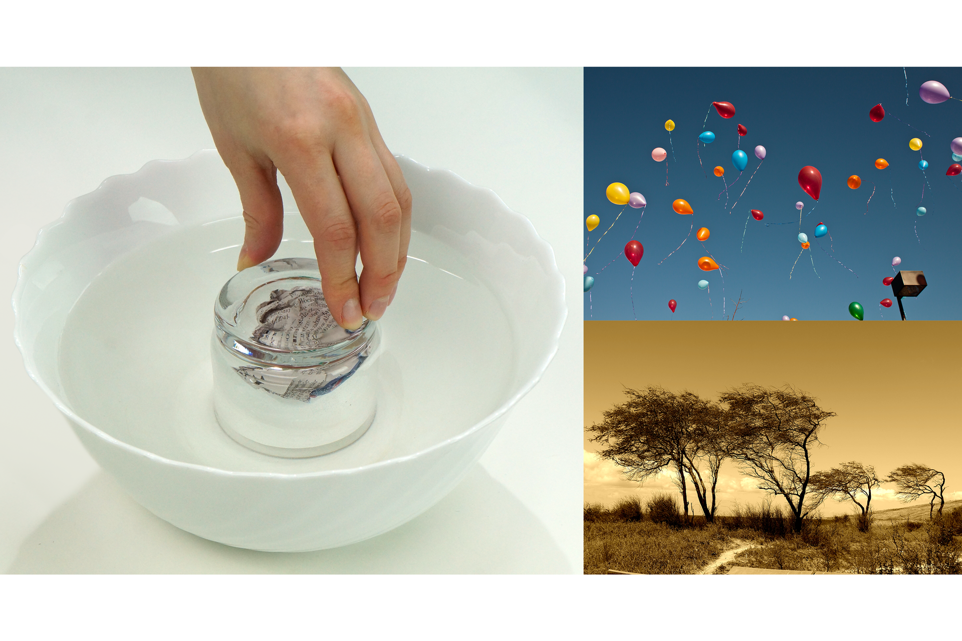 Ilustracja przedstawia trzy zdjęcia obok siebie. Po lewej stronie szklanka zanurzona do góry dnem w porcelanowym półmisku z wodą. Wewnątrz szklanki znajduje się zwinięta w kulkę zadrukowana kartka papieru. Jest sucha, ponieważ tylko unosi się na powierzchni wody, która wypełnia szklankę jedynie w niewielkim stopniu. Fotografia w prawym górnym rogu przedstawia różnokolorowe balony unoszące się w powietrzu na tle niebieskiego nieba. Trzecie zdjęcie, zajmujące prawy dolny róg kadru wykonane w odcieniach sepii przedstawia krajobraz z czterema drzewami silnie wygiętymi w lewo od podmuchów wiatru.