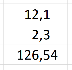 Ilustracja przedstawia trzy komórki. W pierwszej wpisano 12,1 w drugiej 2,3 a w trzeciej 126,54. 