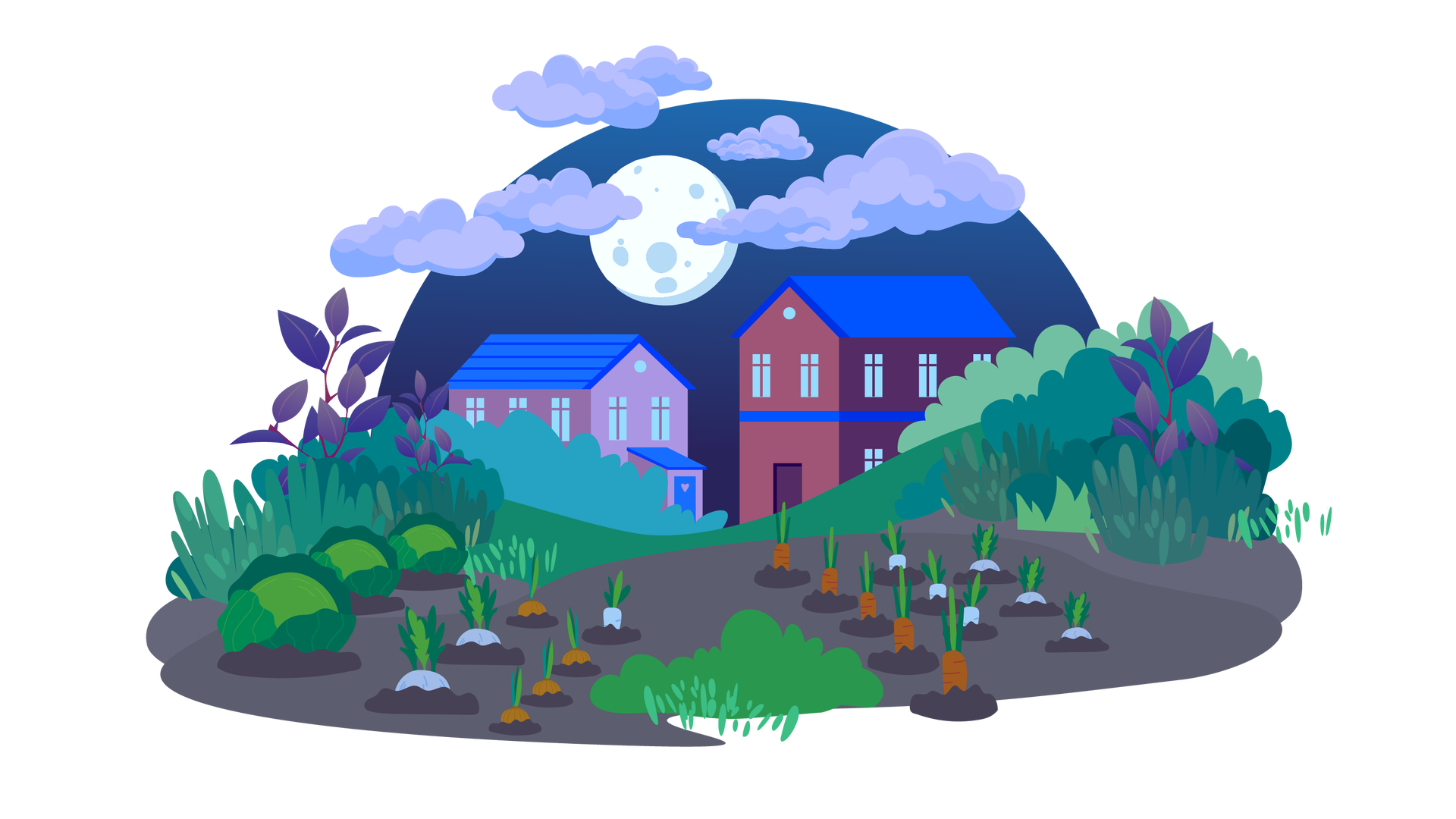 Ilustracja przedstawia ogród nocą. W tle widać granatowe niebo z dużym, okrągłym Księżycem i kilkoma chmurami oraz dwa duże domy. Dom znajdujący się po lewej stronie jest jasnobrązowy, a ten po prawej ciemnobrązowy. Każdy z nich ma ciemnoniebieski dach. Na pierwszym planie jest pas brązowej ziemi, w której rosną warzywa w rzędach. Po lewej stronie są sałaty, obok nich selery, cebule i pietruszka. Dalej na prawo rosną marchewki, kolejne pietruszki i selery. Pas ziemi jest otoczony zielenią – wysokimi trawami i zielonymi krzewami.