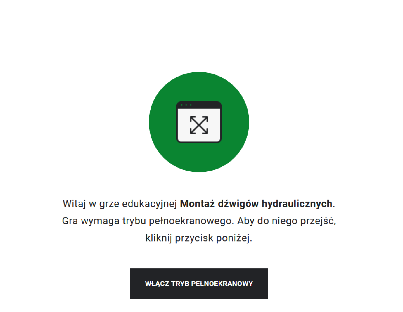 Taka też wskazówka znajduje się, wraz z tytułem gry, pod kołem, a poniżej prostokąt z napisem "Włącz tryb pełnoekranowy", po którego kliknięciu uczeń rozpoczyna grę na pełnym ekranie.