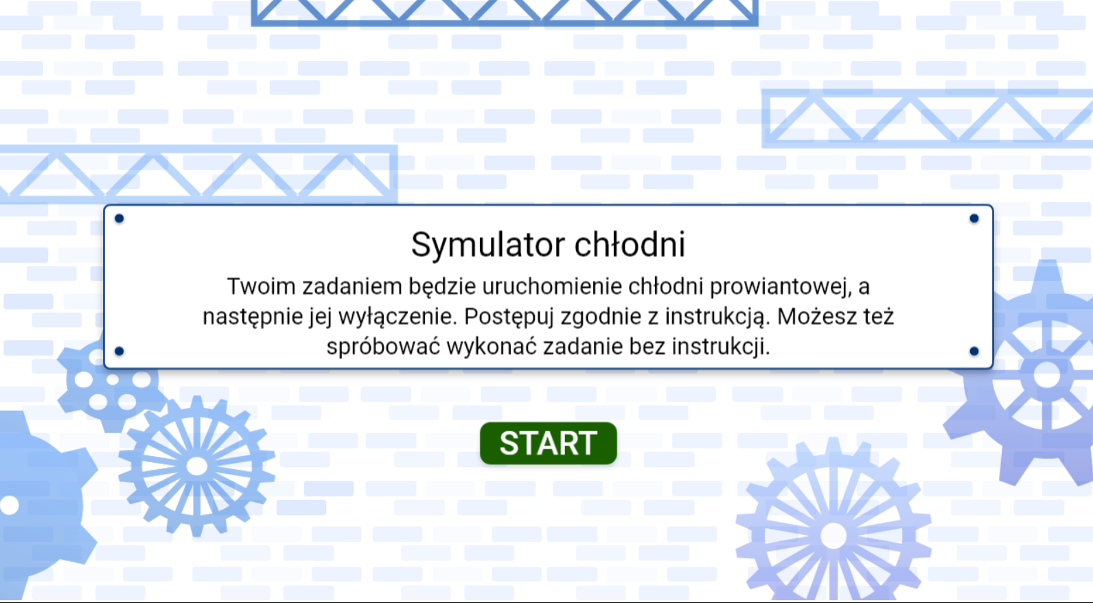 Grafika przedstawia przykładowy ekran startowy symulatora. Widnieje na nim plansza zawierająca tytuł i polecenie. Pod nią znajduje się przycisk START.