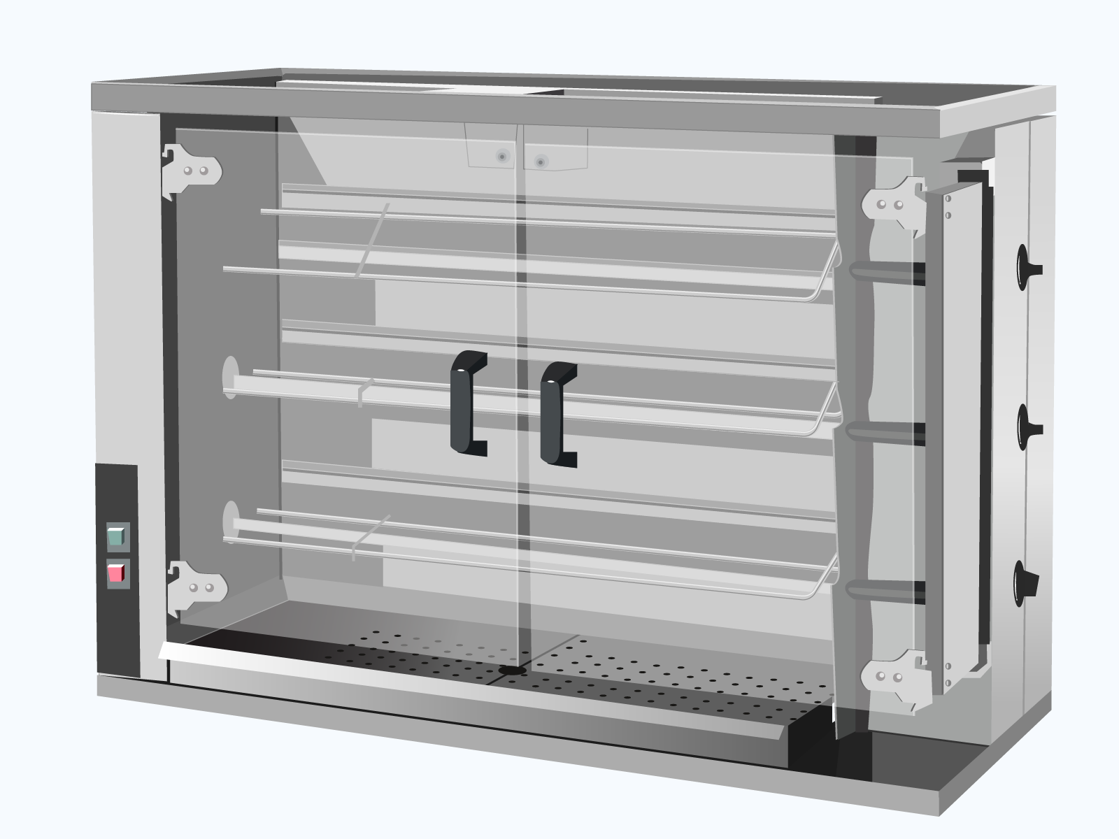Ilustracja przedstawia rożen. Jego boki oraz tylna ścianka wykonane są ze stali nierdzewnej. Z frontu zamontowano parę szklanych drzwi. Wewnątrz trzy poziome, ruchome pręty. Po ich bokach na zewnątrz znajdują się pokrętła do regulacji. Poniżej ociekacz. Po lewej stronie dwa przyciski w kolorach zielonym i czerwonym służące do włączenia oraz wyłączenia urządzenia. 

