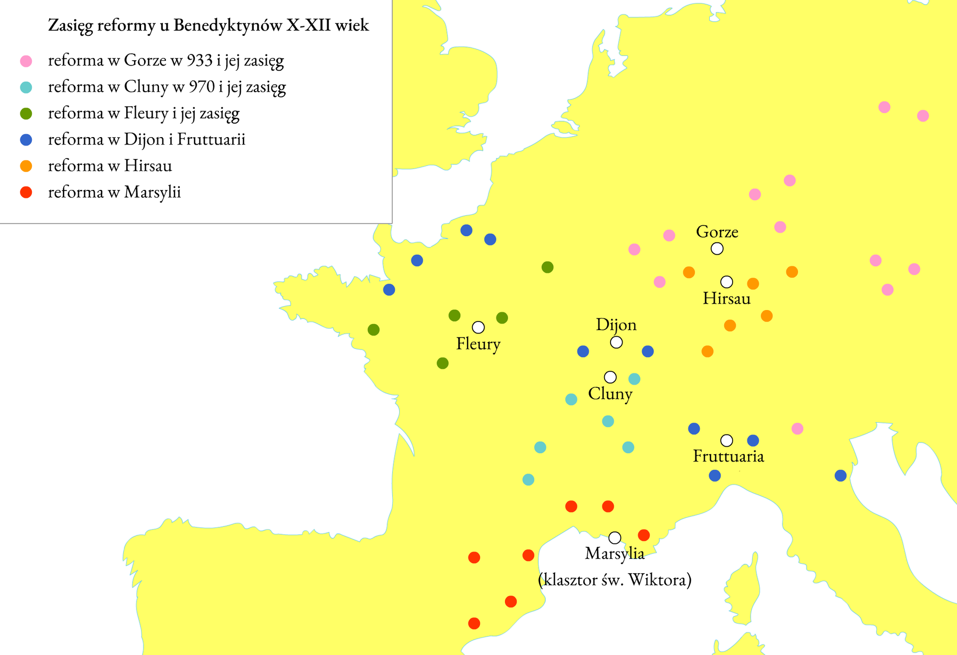 Ilustracja przedstawia mapę Europy, na którą naniesiono miejsca lokalizacji klasztorów benedyktyńskich w X‑XII wieku. Tytuł: Zasięg reformy u Benedyktynów X‑XII wiek. Opactwa te zostały podzielone na ośrodki objęte reformą w Gorze [czyt.: goz]  w 933 roku, objęte reformą w Cluny [czyt.: klini] w 970 roku, objęte reformą w Fleury [czyt.: feri], Dijon [czyt.: diżą] i Fruttuari [czyt.: frituari] oraz objęte reformą w Hirsau [czyt.: herzau] i Marsylii. 