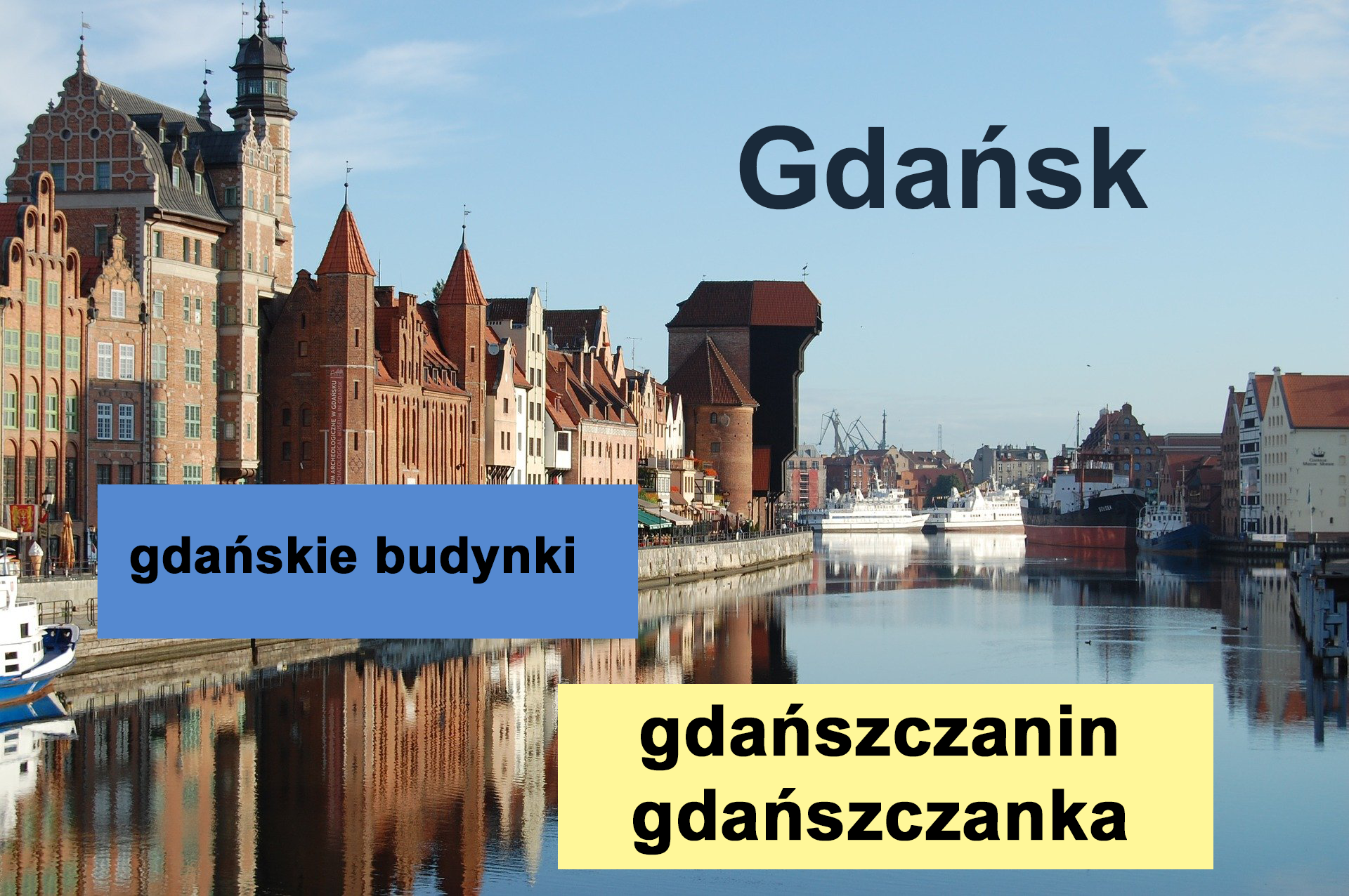 Fotografia przedstawia widok z mostu na rzekę, która znajduje się na pierwszym planie. Z lewej strony nabrzeże i stojące na nim wysokie budynki z cegły. W głębi po lewej sylwetka zabytkowego żurawia portowego. Po środku w tle dźwigi portowe oraz sylwetki dwóch białych statków. Na zdjęciu umieszczono napisy. Na dole: gdańskie budynki, gdańszczanin, gdańszczanka. Na górze: Gdańsk.