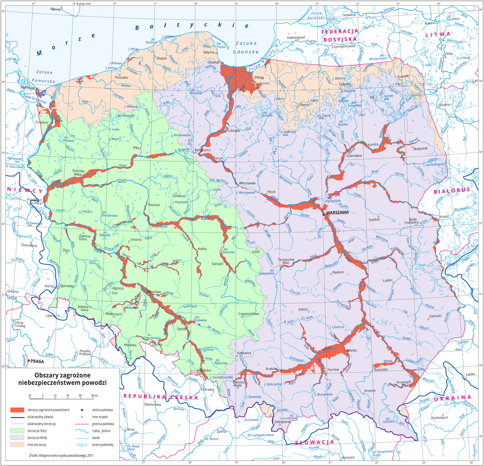 Mapa terenu Polski prezentująca obszary najbardziej zagrożone wystąpieniem zjawiska powodzi. Kraj został podzielony kolorami na obszary dorzeczy Wisły, Odry oraz innych rzek (głównie północ kraju), a miejsca szczególnie zagrożone wyróżniono czerwoną barwą. Obszary przyległe do koryt dwóch największych rzek kraju, a także wielu innych znajdują się w strefach zagrożenia powodziami. Tereny zagrożone powodziami to głównie obszary bezpośrednio sąsiadujące z Wisłą, Odrą, Sanem, Wisłokiem, Wieprzem, Pilicą, Wartą Prasną, Notecią, Narwią, Bugiem. Szczególnie duże obszary zalewowe występują na odcinku Opole-Wrocław, Kraków-Warszawa-Płock, Grudziądz-Gdańsk, okolice Szczecina, okolice Gorzowa Wielkopolskiego, okolice Konina.