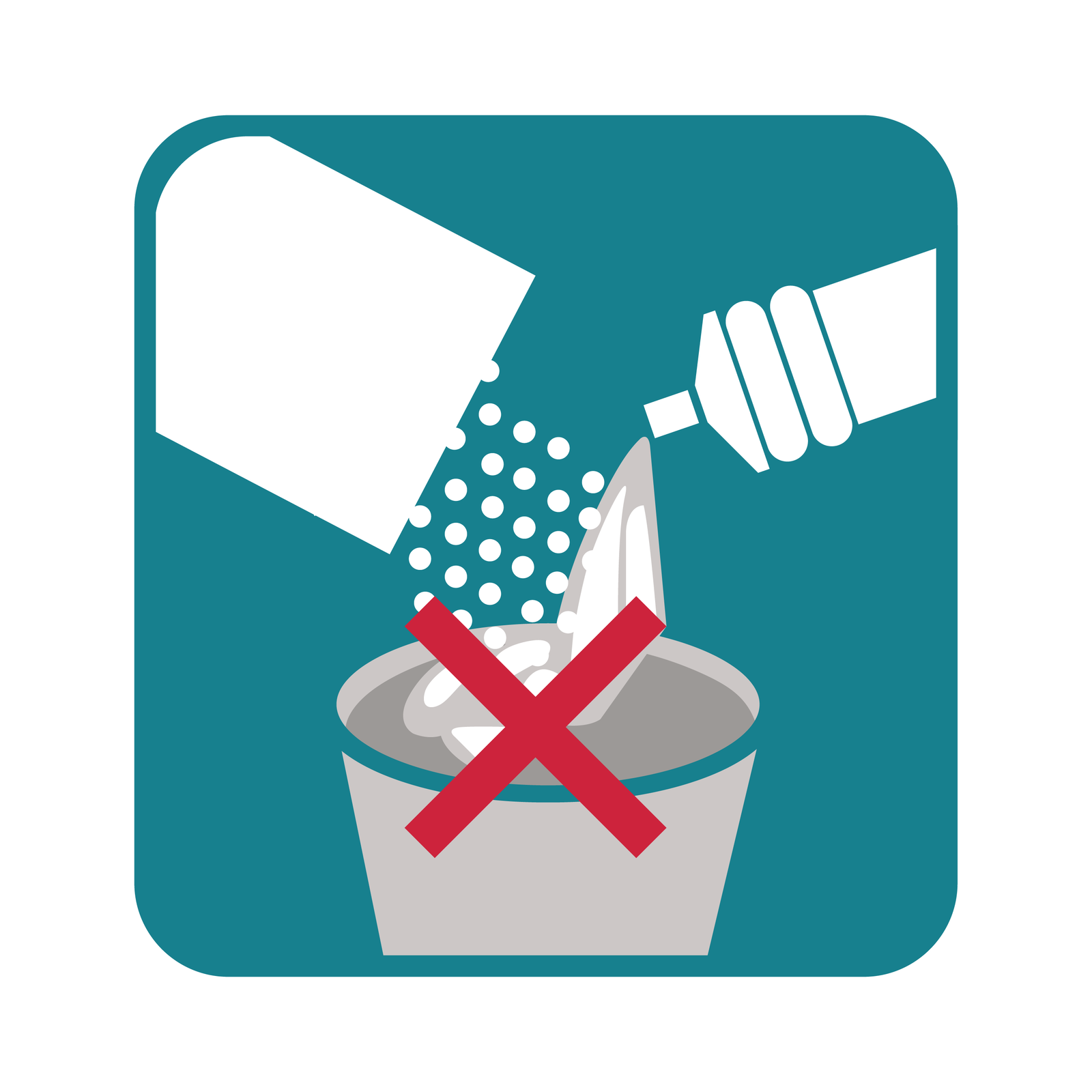 Ilustracja prezentuje wzór ostrzeżenia na opakowaniach środków czystości. Składa się z symbolu pudełka z proszkiem oraz butelki z płynem, których zawartość trafia do pojemnika. Na pojemniku znajduje się czerwony symbol x.