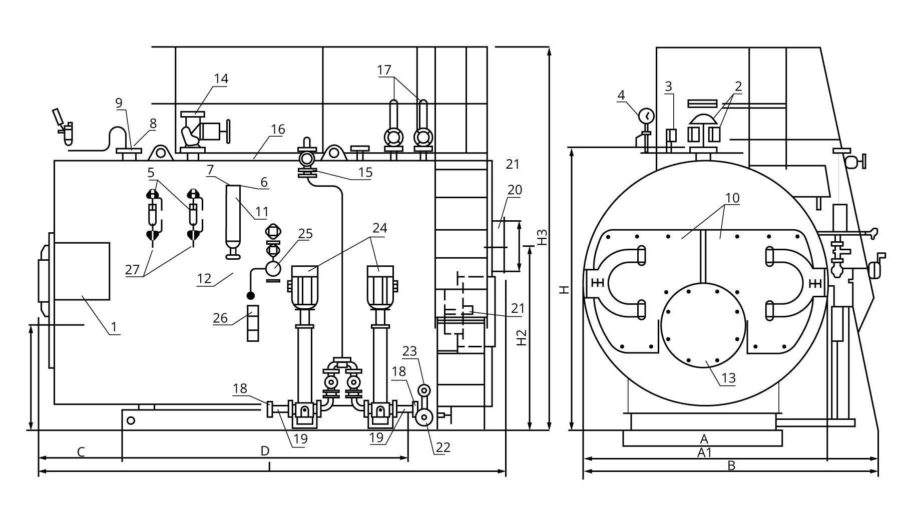 Rys. 1.4. Szczegółowy schemat kotła odzyskowego: 1. szafa sterownicza; 2. ogranicznik ciśnienia; 3. blokujący ogranicznik ciśnienia; 4. manometr; 5. wodowskazy; 6. czujnik zatrzymujący pompę; 7. czujnik załączający pompę; 8. pierwsza sonda poziomu; 9. druga sonda poziomu; 10. pokrywy czołowe; 11. pojemnik na sondy; 12. odwodnienie pojemnika sond; 13. płyta palnika; 14. ujście pary do instalacji; 15. zawór zwrotny; 16. drzwi rewizyjne; 17. króćce zaworów bezpieczeństwa; 18. króciec wody zasilającej; 19. filtry na ssaniu pomp; 20. krócieć komina; 21. otwór inspekcyjny kotła; 22. odwodnienie; 23. automatyczny zawór odwadniający; 24. pompy uzupełniające wodę; 25. pomiar zasolenia; 26. chłodzenie; 27. spusty wodowskazów