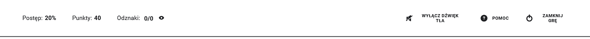 Grafika przedstawia widok postępu gry oraz jej tytułu. Od lewej znajdują się opcje: postęp, punkty, odznaki, pomoc oraz zakończ grę.