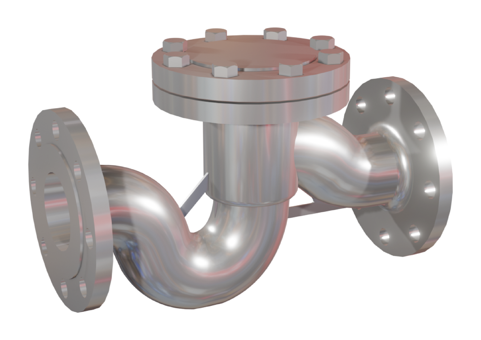 Zdjęcie przedstawia srebrny zawór zwrotny. Zawór zwrotny służy do zapewnienia przepływu płynu tylko w jednym kierunku. Z lewej strony elementu znajduje się cylindryczna cienka płytka z ośmioma dziurami dookoła. Z jej środka wychodzi rura skierowana po łuku w dół, a następnie po łuku w górę łącząc się z pionowym cylindrem. Z prawej strony pionowego cylindra znajduje się rura skierowana lekko w dół, która kończy się cylindryczną płytą z dziurami, taką samą jak z lewej strony. Rura po prawej stronie połączona jest z rurą po lewej stronie za pomocą małej blaszki. Rura po lewej stronie połączona jest z cylindrem za pomocą małej blaszki. W górnej części pionowo ustawionego cylindra znajdują się dwie połączone ze sobą, za pomocą śrub, cylindryczne płyty. 