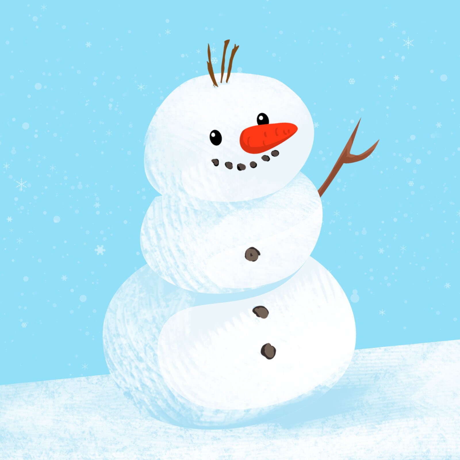 Ilustracja przedstawia ulepionego ze śniegu, uśmiechniętego bałwana, który ma nos zrobiony z marchewki, oczy, usta i guziki są z kamyczków, a włosy i ręka z patyczków.