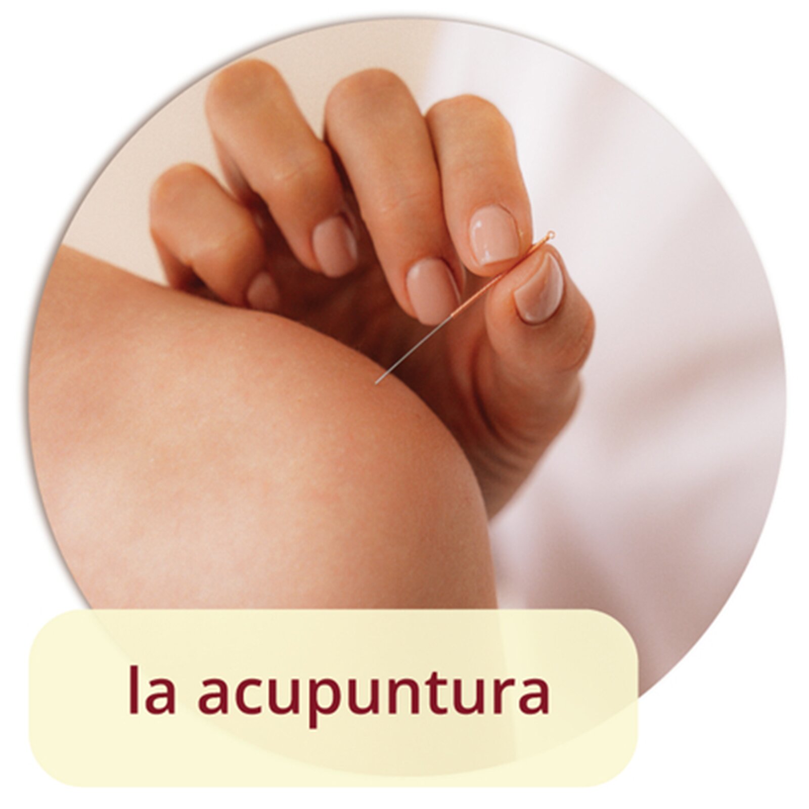 Na grafice widoczne jest ramię, w które wbijana jest igła. Pod zdjęciem znajduje się napis la acupuntura.