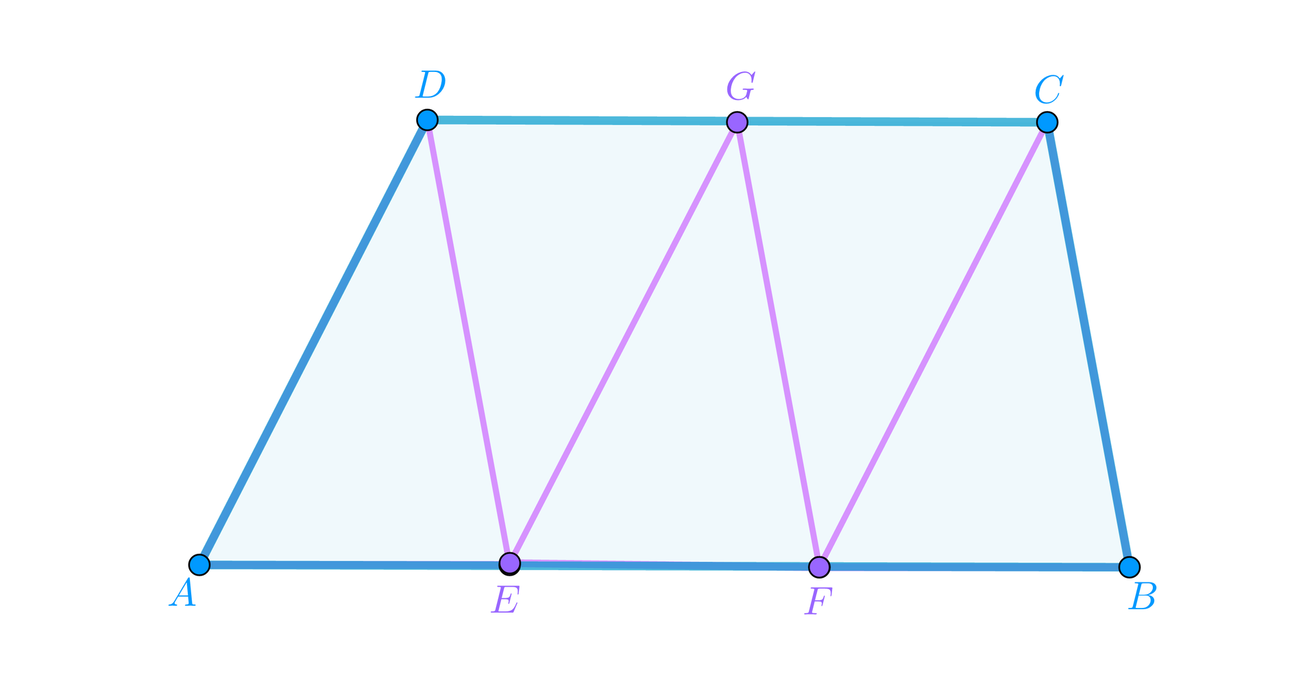Na ilustracji znajduje się trapez. Trapez posiada wierzchołki A, B, C oraz D. Pomiędzy wierzchołkami A i B znajdują się punkty E oraz F. Pomiędzy wierzchołkami D i C znajduje się punkt G. W środku trapezu znajdują się linie, łączące ze sobą punkty. D połączone jest z E. E połączone jest z G. G połączone jest z F. F połączone jest z C.
