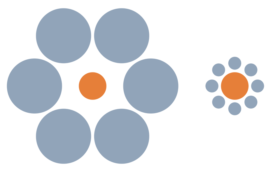Ilustracja przedstawia koła. Po lewej stronie dookoła pomarańczowego koła jest sześć większych szarych kół. Po prawej stronie dookoła pomarańczowego koła jest osiem małych szarych kół. Ułożenie kół przypomina kwiatek. 