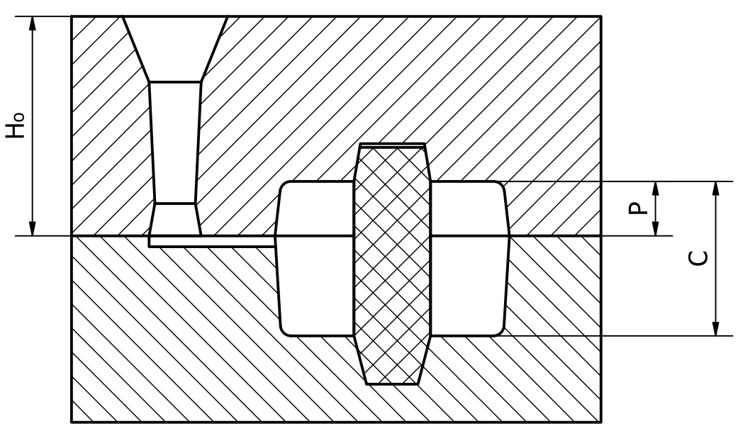Rysunek jedenasty. Na ilustracji przedstawiony jest schemat położenia odlewu w formie przy obliczaniu średniego ciśnienia metalostatystycznego. Przedstawiona jest prostokątna skrzynka formierska, która podzielona jest na skrzynkę formierską górną oraz skrzynkę formierską dolną.  W górnej skrzynce po lewej stronię znajduje się układ wlewowy złożony z różniej wielkości trapezów.