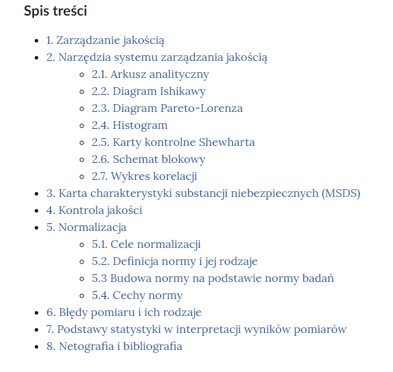 Zdjęcie przedstawia przykładowy wygląd spisu treści e‑booka. Składa się on z ośmiu punktów.