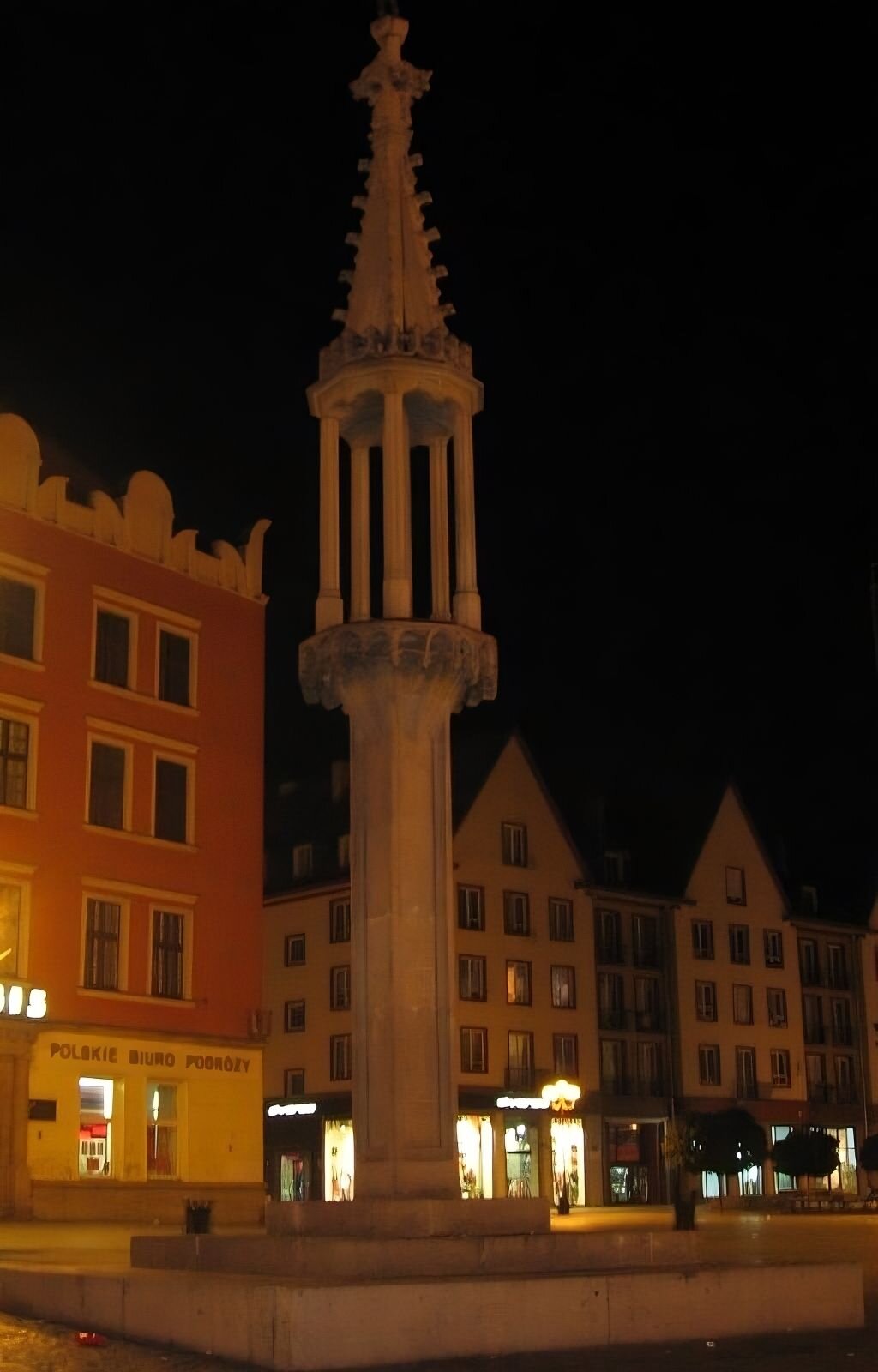 Zdjęcie wykonane w nocy przedstawia konstrukcję pręgierza w postaci kamiennego słupa zakończonego na szczycie kopułą kamienną wspartą na filarach. Pręgierz znajduje się na podniesieniu. W tle zabudowania rynku we Wrocławiu i kamienice miejskie, oświetlone sztucznym światłem.