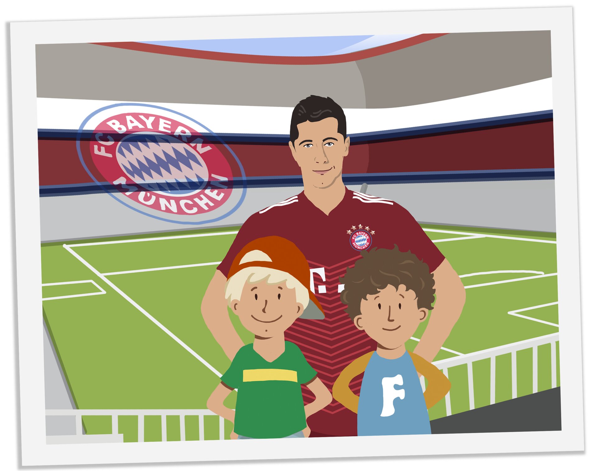 Ilustracja przedstawia dwóch chłopców, Fabiana i Felixa z ich idolem, Robertem Lewandowskim.