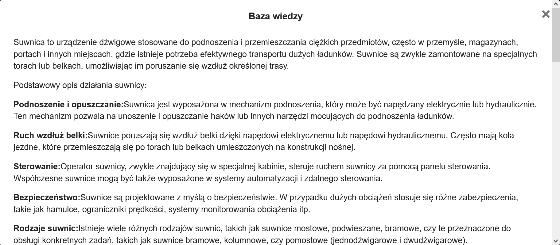 Grafika przedstawia widok na informacje zawarte w Bazie wiedzy symulatora. Jest to okno z informacjami, które można przewijać za pomocą strzałek umiejscowionych po prawej stronie okna.