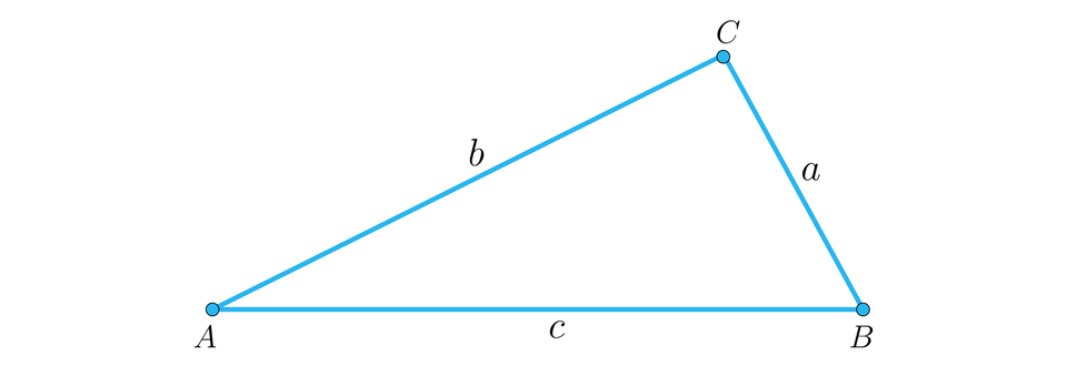 Ilustracja przedstawia trójkąt ABC. Odcinek AB długość c, odcinek BC długość a, odcinek AC długość b. 