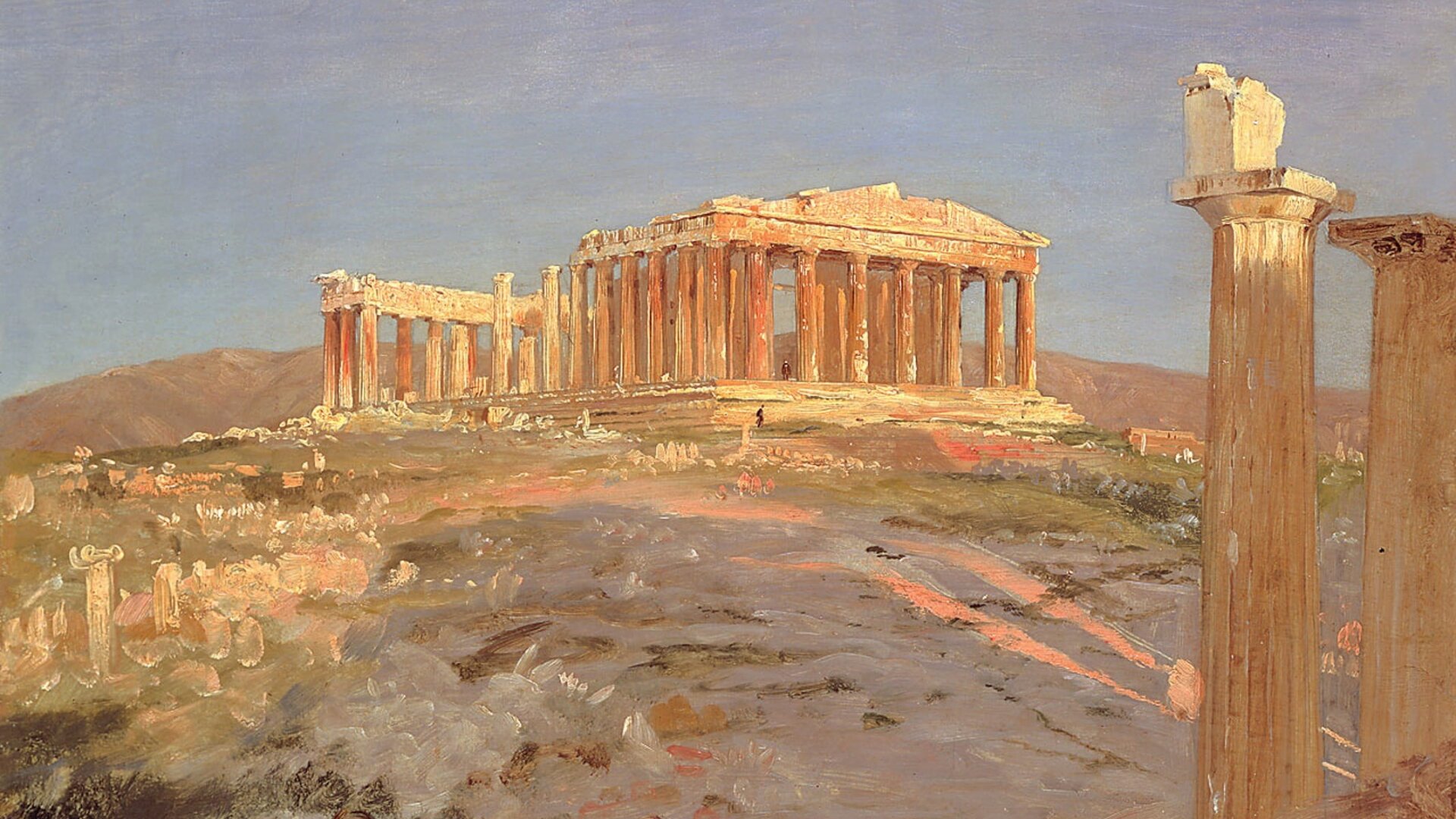 Ilustracja przedstawia ruiny starożytnej budowli. Składa się z wielu kolumn oraz części dachu. Budynek znajduje się na porośniętym trawą wzniesieniu.