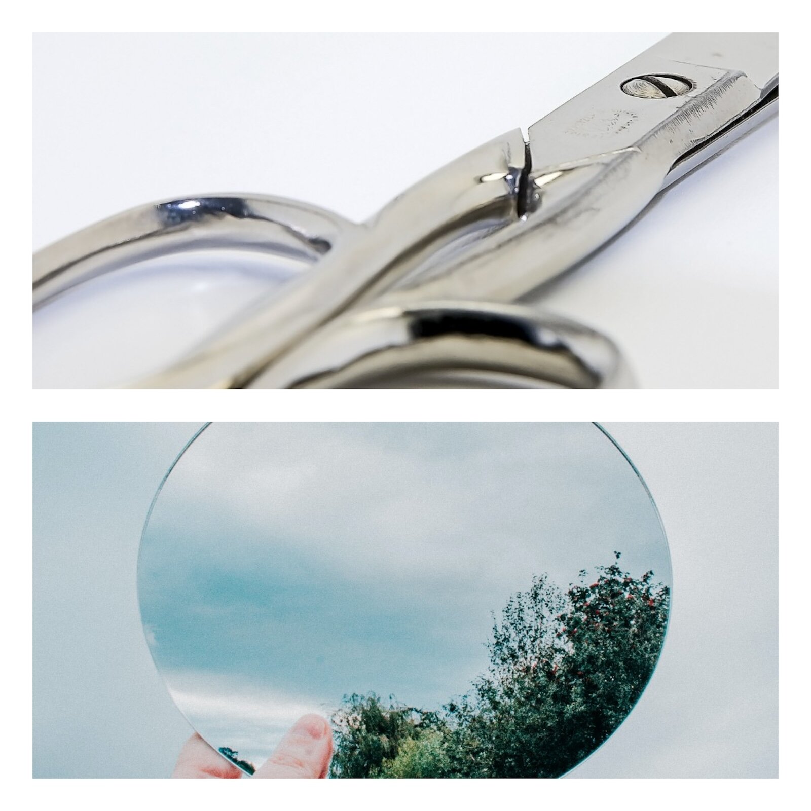 Ilustracja jest kolażem dwóch zdjęć. Na pierwszym znajdują się nożyczki, a na drugim małe lusterko.