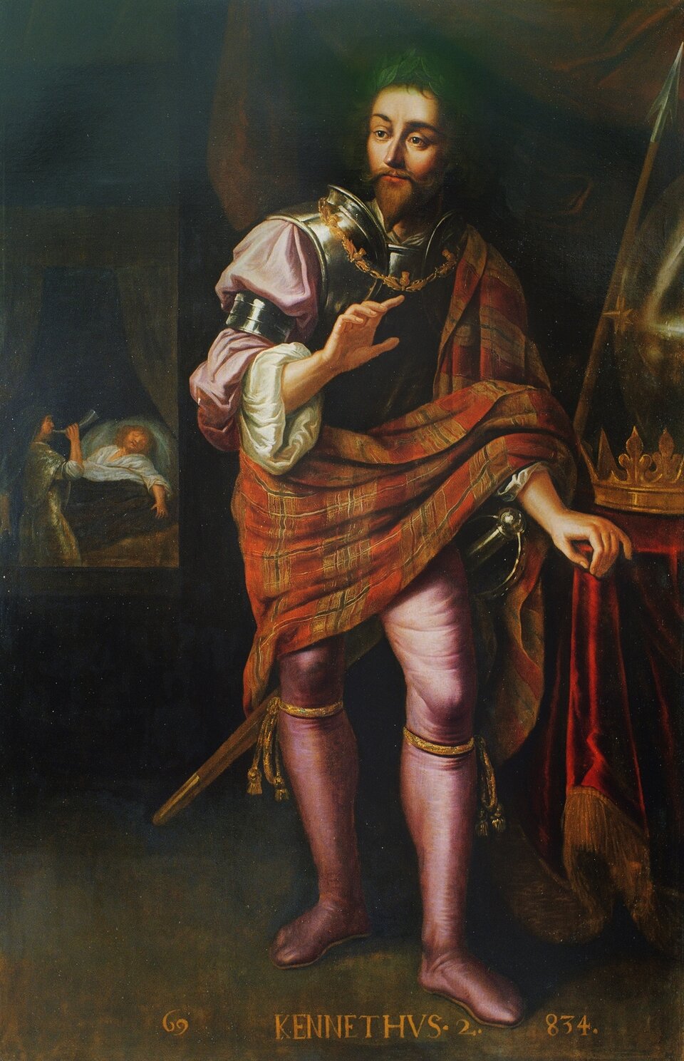 Obraz przedstawia skradającego się mężczyznę. Ma on długą przyciętą brodę, wąsa i długie włosy na których osadzoną ma koronę z gałązek oliwnych. Jest ubrany w srebrną zbroję, kolorowe szaty i różowe rajtuzy. DO pasa ma przypiętą szablę. Na stole przy, którym stoi leży słota korona. Na nim na ścianie znajduje się lustro, w którym odpija się nieprzytomny brodaty mężczyzna leżący w łóżku. Obok niego stoi postać, która gra na rogu sygnalizacyjnym. W pokoju panuje półmrok.  