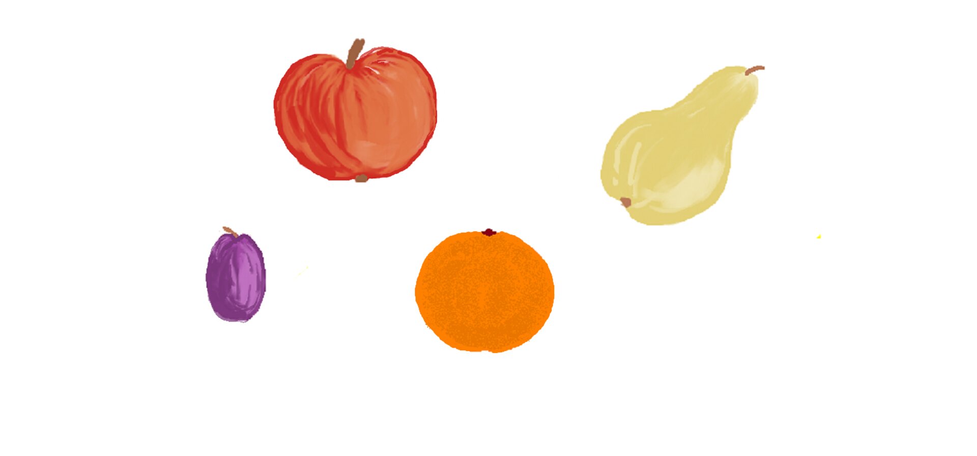 Ilustracja przedstawia owoce malowane pędzlem: gruszka, śliwka, jabłko i pomarańcza. 