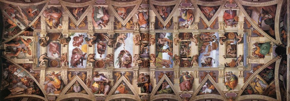 Zdjęcie przedstawia fresk namalowany przez Michała Anioła na suficie  Kaplicy Sykstyńskiej w Rzymie. Są na nim namalowane liczne sceny biblijne związane tematycznie ze Starym Testamentem. Freski dzielą się na trzy części, przedstawiają 175 scen i 350 postaci. Pierwsza strefa przedstawia przodków Chrystusa, trzecia proroków i sybille (wieszczki przepowiadające przyszłość), a druga (środkowa) dziewięć scen z Księgi Rodzaju. W skład fresków ukazujących sceny z Księgi Rodzaju wchodzą: Rozdzielenie światła i ciemności, Stworzenie Słońca, Księżyca i roślinności, Oddzielenie ziemi i wody, Stworzenie Adama, Stworzenie Ewy, Wygnanie z Raju, Ofiara Noego, Potop i Opilstwo Noego. W narożnikach sklepienia namalowano historie poświęcone ocaleniu Izraela. W strefie środkowej, czwartym freskiem w kolejności chronologicznej jest Stworzenie Adama. Dzielący się na dwie części fresk przedstawia końcowy akt stworzenia. Po lewej stronie lekko wygięty, atletycznie zbudowany Adam obraca się w stronę Boga, jego twarz wyraża czułość i tęsknotę za doskonałością. Otoczony cherubinami Bóg został przedstawiony jako muskularny starzec o bujnych włosach i brodzie. Główny punkt kompozycji stanowią, stykające się, palcami wskazującymi, dłonie Adama i Boga.