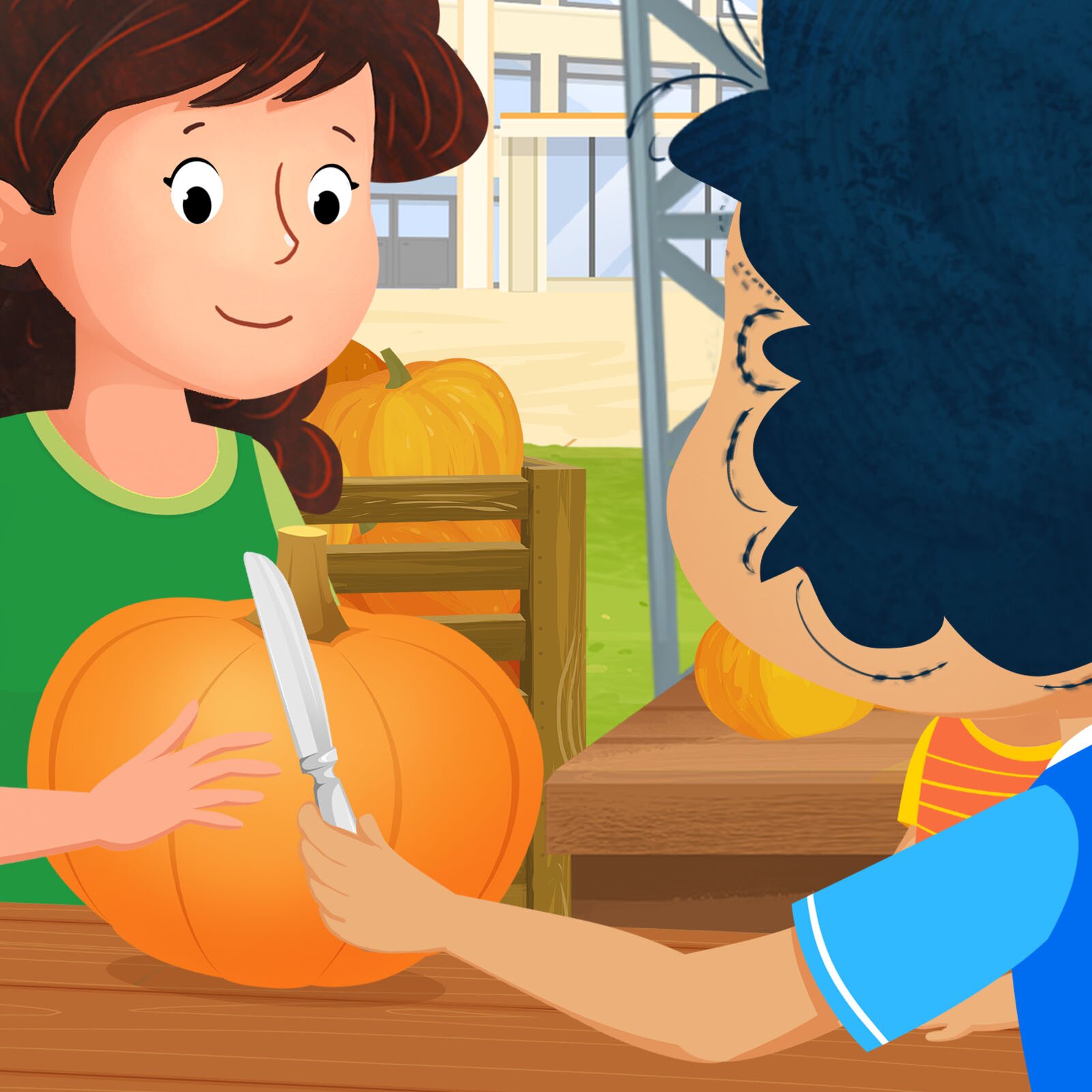 Ilustracja przedstawia stoisko z dyniami. Kobieta za ladą trzyma dynię. Przed nią stoi dziecko z nożem w ręce. 