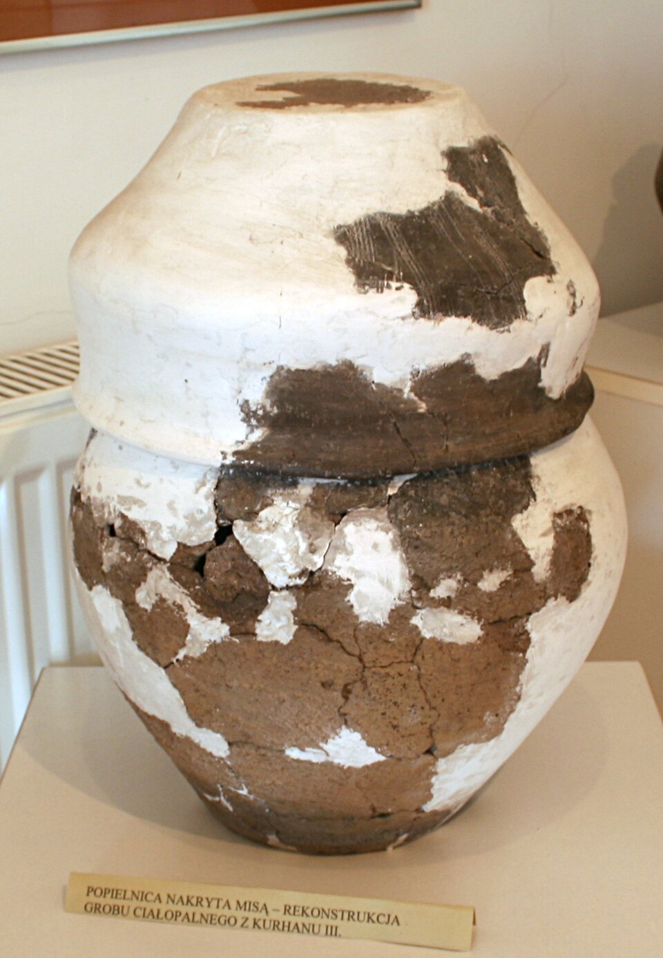 Fotografia przedstawia brązowo‑białą popielnicę z misą, pochodzącą z wykopalisk w Odrach. Naczynie przeznaczone na prochy i szczątki zmarłego lub przedmioty z nim związane ma pękaty kształt zwężający się ku podstawie. Nakryte jest misa w tych samych kolorach. Misa od góry jest płaska. Popielnica i misa posiadają ślady rekonstrukcji - widoczne są spękania i ślady sklejenia. Całość ustawiona jest we wnętrzu  na blacie. 