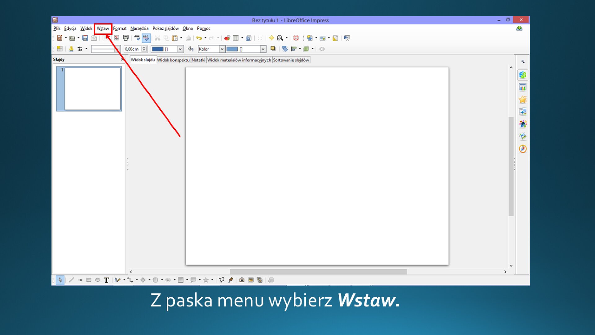 Zrzut okna z wstawiania grafiki na slajd o pustym układzie w programie LibreOffice Impress. Poniżej treść: "Z paska menu wybierz Wstaw".