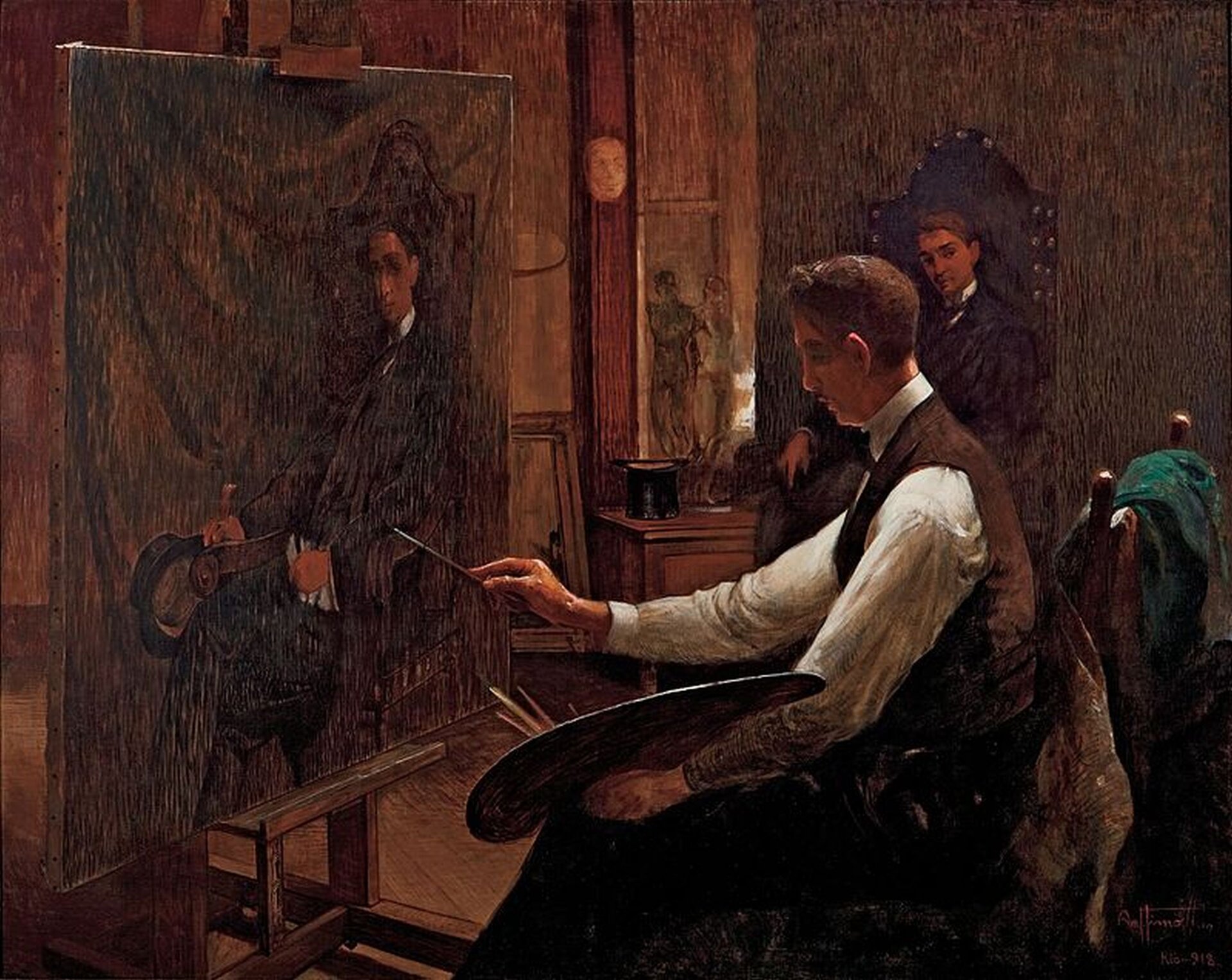 Ilustracja przedstawia obraz Arthura Timótheo da Costa pt. „In the Studio”. Obraz prezentuje mężczyznę znajdującego się w ciemnej pracowni podczas wykonywania portretu mężczyzny. Artysta skupiony jest na wykonywanej pracy, w lewej ręce trzyma paletę z farbami, a w prawej pędzel. Pozujący mężczyzna siedzi na zdobionym krześle w ręce trzyma kapelusz.