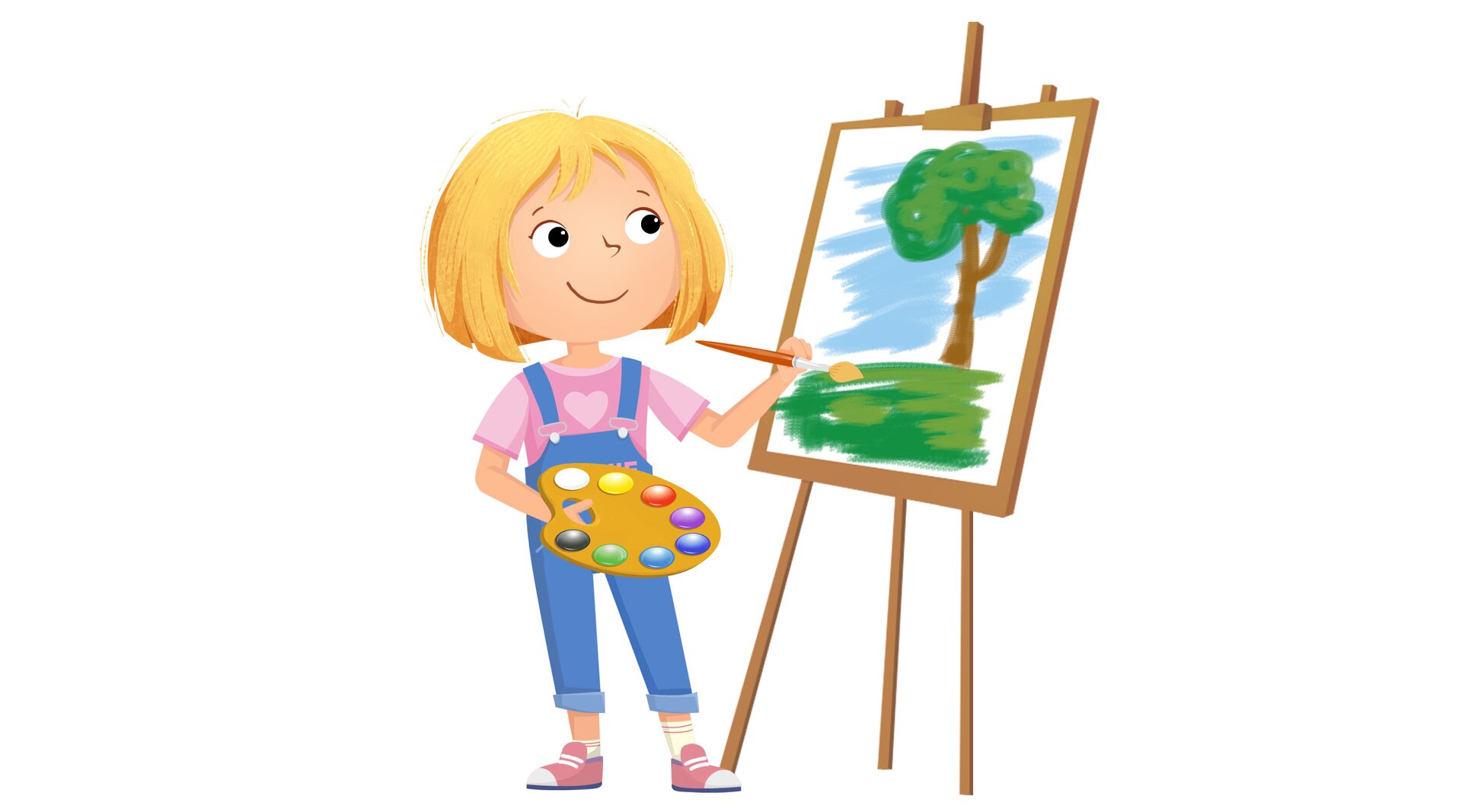 Na ilustracji znajduje się dziewczynka malująca obraz.