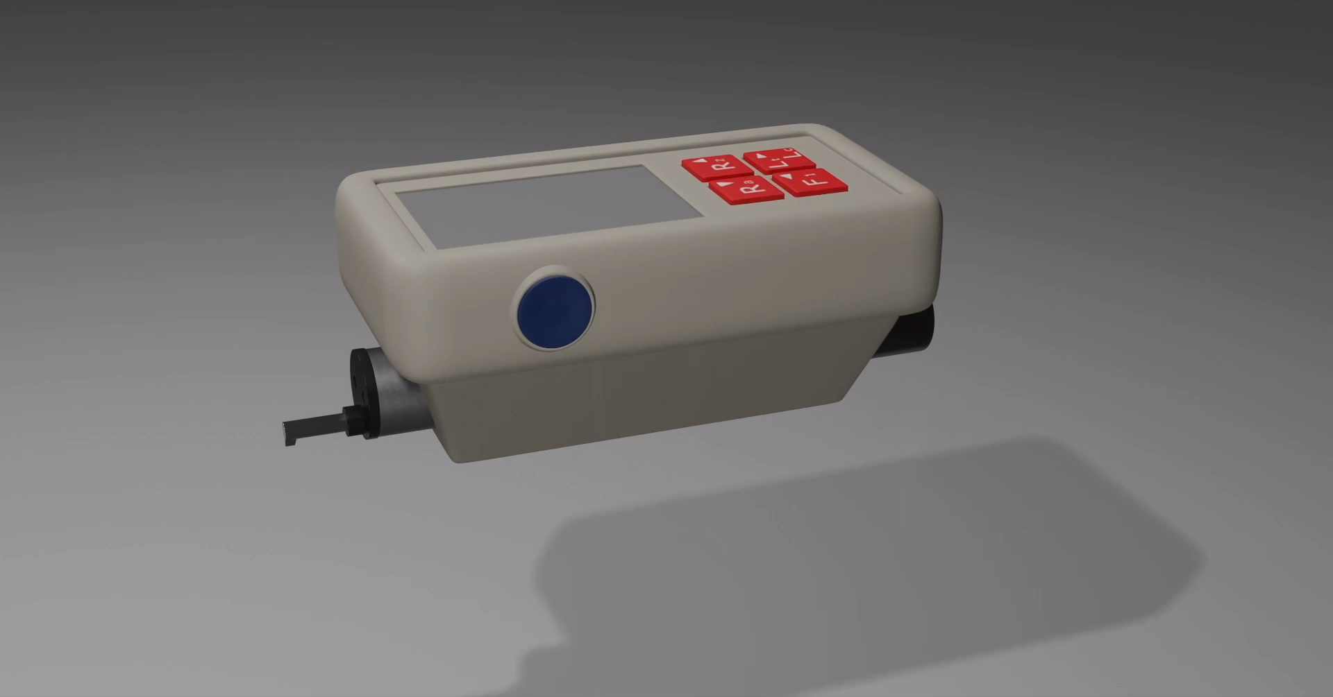 Ilustracja przedstawia chropowatościomierz, jest to urządzenie wyposażone w elektroniczny wyświetlacz oraz wystający czujnik do mierzenia chropowatości