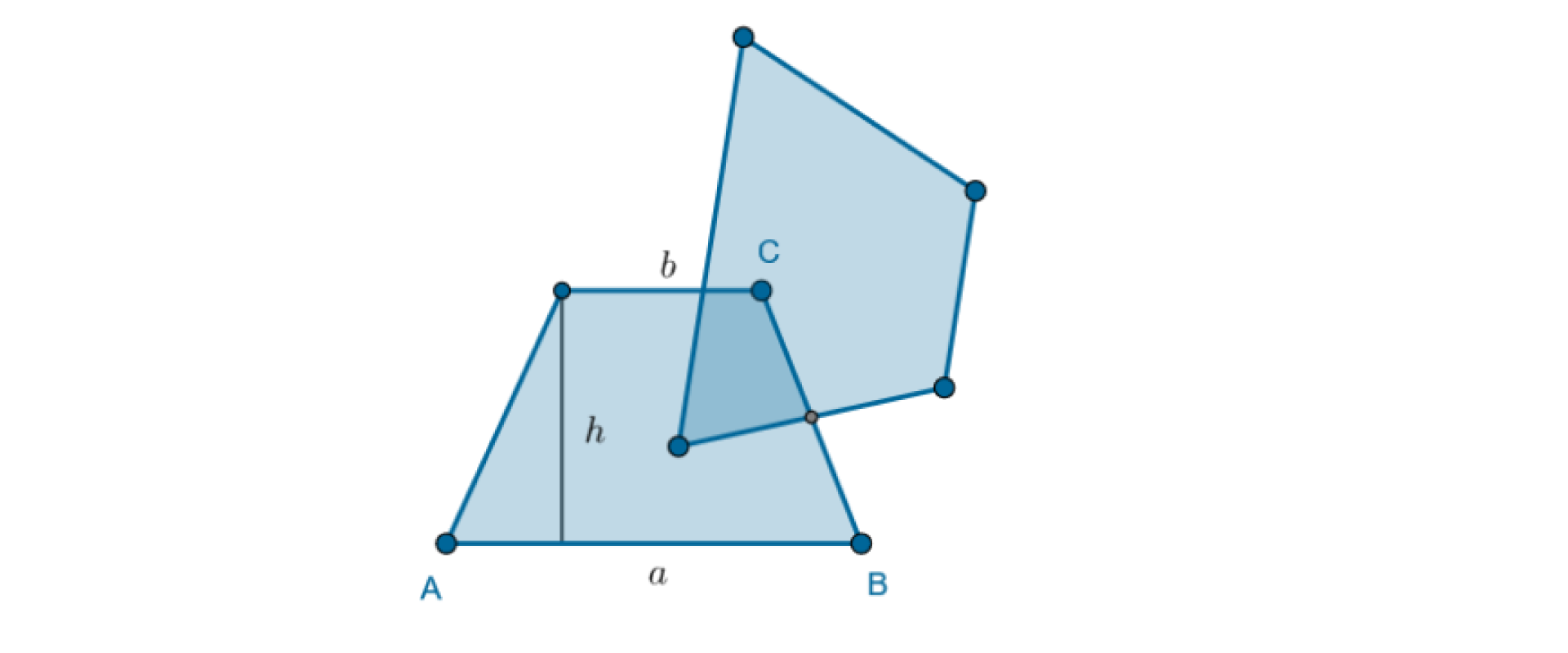 Obrócono trapez o kąt mniejszy niż 180 stopni wokół punktu będącego środkiem ramienia trapezu CB.