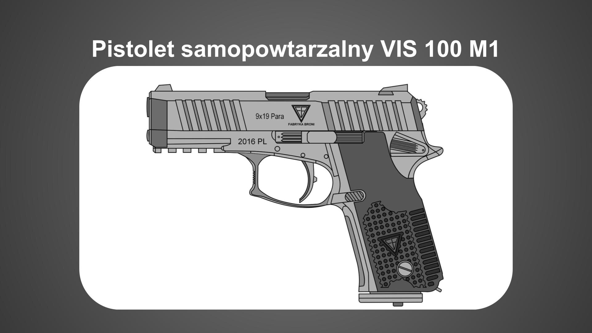 Szara plansza. U góry biały napis: „Pistolet samopowtarzalny VIS 100 M1”. Poniżej, na białym tle, szary rysunek przedstawiający pistolet.