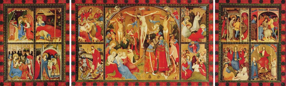 Ilustracja o kształcie poziomego prostokąta przedstawia Ołtarz z Bad Wildungen, wykonany przez Konrada von Soesta. Centralny obraz przedstawia Kalwarię ze sceną Ukrzyżowania Chrystusa w centrum i dwóch łotrów po bokach. Po lewej stronie zmarłego Chrystusa opłakują: Maryja, Maria żona Kleofasa, Maria Salome i Maria Magdalena. Obok klęczy modlący się Jan Ewangelista. Po prawej stronie znajduje się grupa żołnierzy z Longinusem przebijającym włócznią bok Jezusa. Wokół Chrystusa wznoszą się adorujący aniołowie, zbierający do kielichów jego krew. Po lewej stronie w kwadratowych polach znajdują się: Ostatnia Wieczerza i Zmartwychwstanie, a po prawej Modlitwa w Ogrojcu i Wniebowstąpienie. W lewym skrzydle bocznym zamieszczone są sceny z życia Chrystusa: Zwiastowanie, Boże Narodzenie, Pokłon Trzech Króli i Ofiarowanie w świątyni. W prawym skrzydle na czterech kwaterach zostały namalowane sceny: Naigrawanie i Korowanie cierniem, Zesłanie Ducha Świętego i Sąd Ostateczny. Obrazy główne i boczne obramowane są czerwonym pasem z ornamentami.  