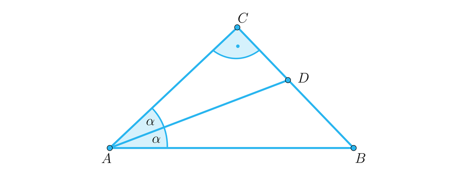 Zdjęcie przedstawia trójkąt A, B, C. Z punktu A poprowadzoną prostą do boku CB w punkcie D. Odcinek AD dzieli kąt BAC na kąt dwa równe kąty, oba o mierze alfa.