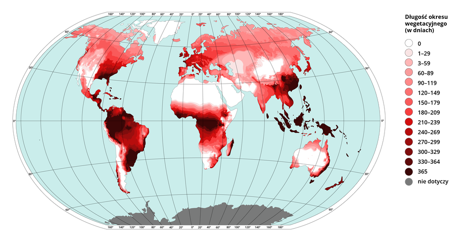 Na mapie świata zaznaczono długość okresu wegetacyjnego w dniach. Najdłuższy okres wegetacji - przez cały rok oraz od 330 do 364 dni w roku dotyczy następujących obszarów na świecie: wschodnia część Stanów Zjednoczonych, Ameryka Środkowa, Karaiby, północna, centralna i wschodnia część Ameryki Południowej, centralna część Afryki, zachodnie krańce Europy, wschodnia część Chin, Indonezja, Filipiny, Malezja. Okres wegetacji od 269 do 210 dni obejmuje głównie północno‑wschodnie Stany Zjednoczone, wschodnią część Brazylii i centralną część, środkową część Afryki, znaczną część Europy, w szczególności zachodnią, Półwysep Indochiński, Japonię, wschodnie wybrzeże Australii. Im dalej na północ, tym krótszy okres wegetacji. Na północnych obszarach kontynentów wynosi od 60 do 119 dni, a powyżej ku północy od 60 do 89 dni. Taki okres wegetacji dotyczy także zachodniej części Kanady i USA, nieco dalej od wybrzeża, obszarów graniczących z Saharą, północnych, południowo‑zachodnich i południowo‑wschodnich  rejonów Australii - nieco dalej od wybrzeża, centralnej Azji, zachodniej części Indii. Brak okresu wegetacji obejmuje głównie obszary pustynne świata, między innymi północną i południową Afrykę, środkową część USA, zachodnią i południową część Ameryki Południowej, centralną Australię, Półwysep Arabski, południe Pakistanu, Afganistanu, zachodnią część Chin.   