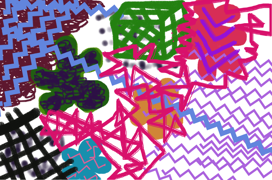 Praca plastyczna przedstawia chaotycznie rozmieszczone, różnokolorowe elementy, w tym przecinające się lnie.