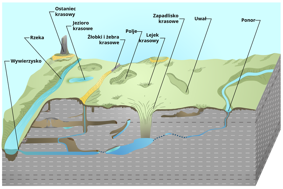 Schemat przedstawia formy krasu powierzchniowego. Zobrazowany jest na nim wycinek terenu, na którym widoczne są podziemne i naziemne elementy. Poczynając od prawej strony jest to ponor – podziemny korytarz wydrążony przez wodę, która wpada w głąb ziemi na końcu koryta rzeki i łączy się z wodami podziemnymi. Dalej widać owalne zagłębienie podpisane jako uwał będący wynikiem połączenia kilku lejów krasowych. Kolejna forma terenu to zapadlisko krasowe, głęboki lej otoczony stromymi ścianami, utworzony w wyniku zapadnięcia stropu obszernej jaskini krasowej. Dalej znajduje się lejek krasowy, niewielki zagłębienie w ziemi. Obok umiejscowione jest polje: duże, kotlinowate zagłębienie o wyrównanym dnie, ograniczonym ze wszystkich stron wyraźnymi zboczami, a obok na całej długości przekroju znajduje się podłużny uskok podpisany jako żłobki i żebra krasowe. W pobliżu umieszczone jest wypełnione wodą wgłębienie – jezioro krasowe. Na skraju schematu przebiega rzeka rozpoczynająca się wywierzyskiem czyli źródłem krasowym zasilanym przez wody z ponoru. W lewym górnym rogu schematu umiejscowiony jest ostaniec krasowy - izolowane, stożkowe wzgórze o bardzo stromych, skalistych zboczach. 